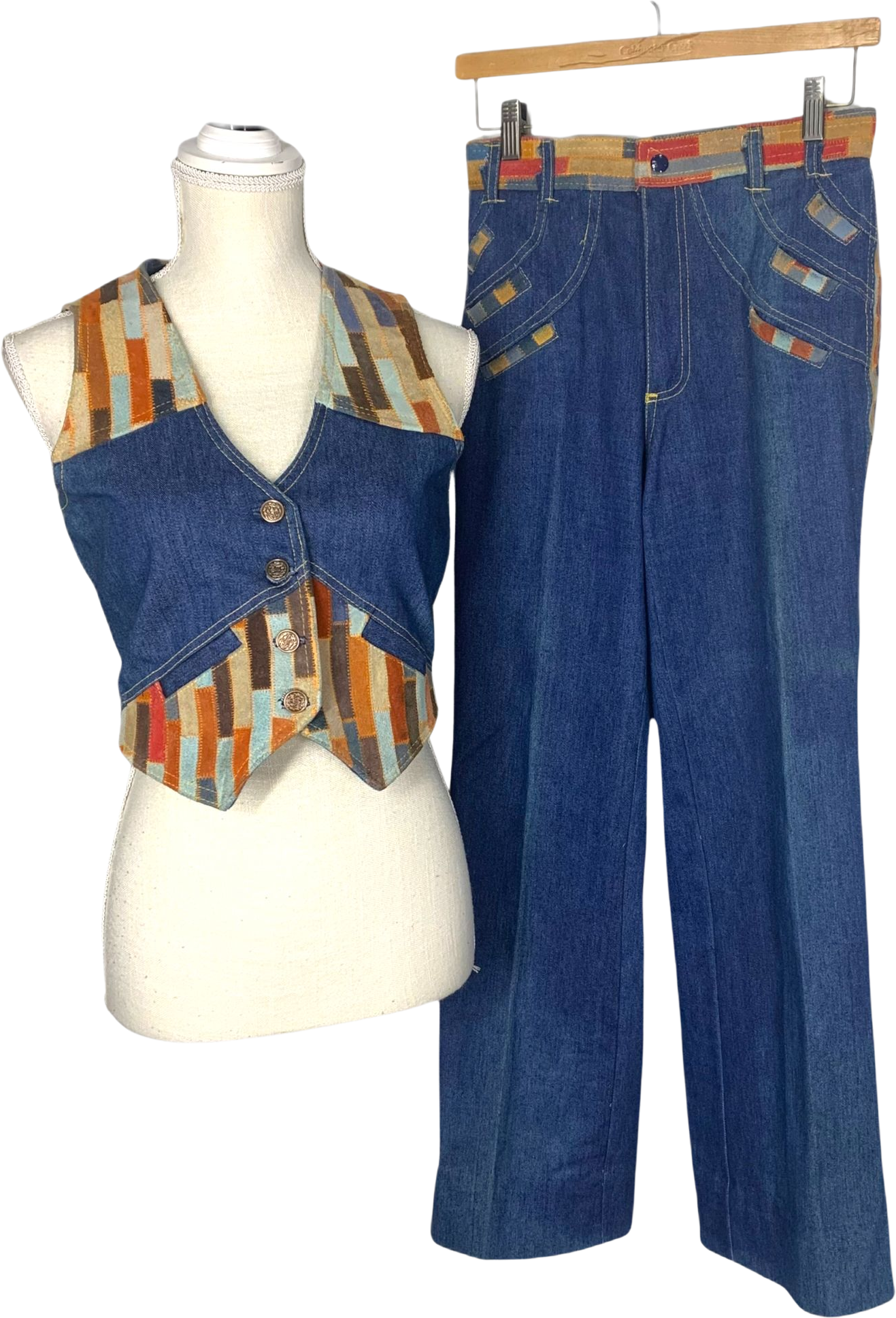 Vintage 70s Fredericks of Hollywood Suede Patchwork Denim Vest Set