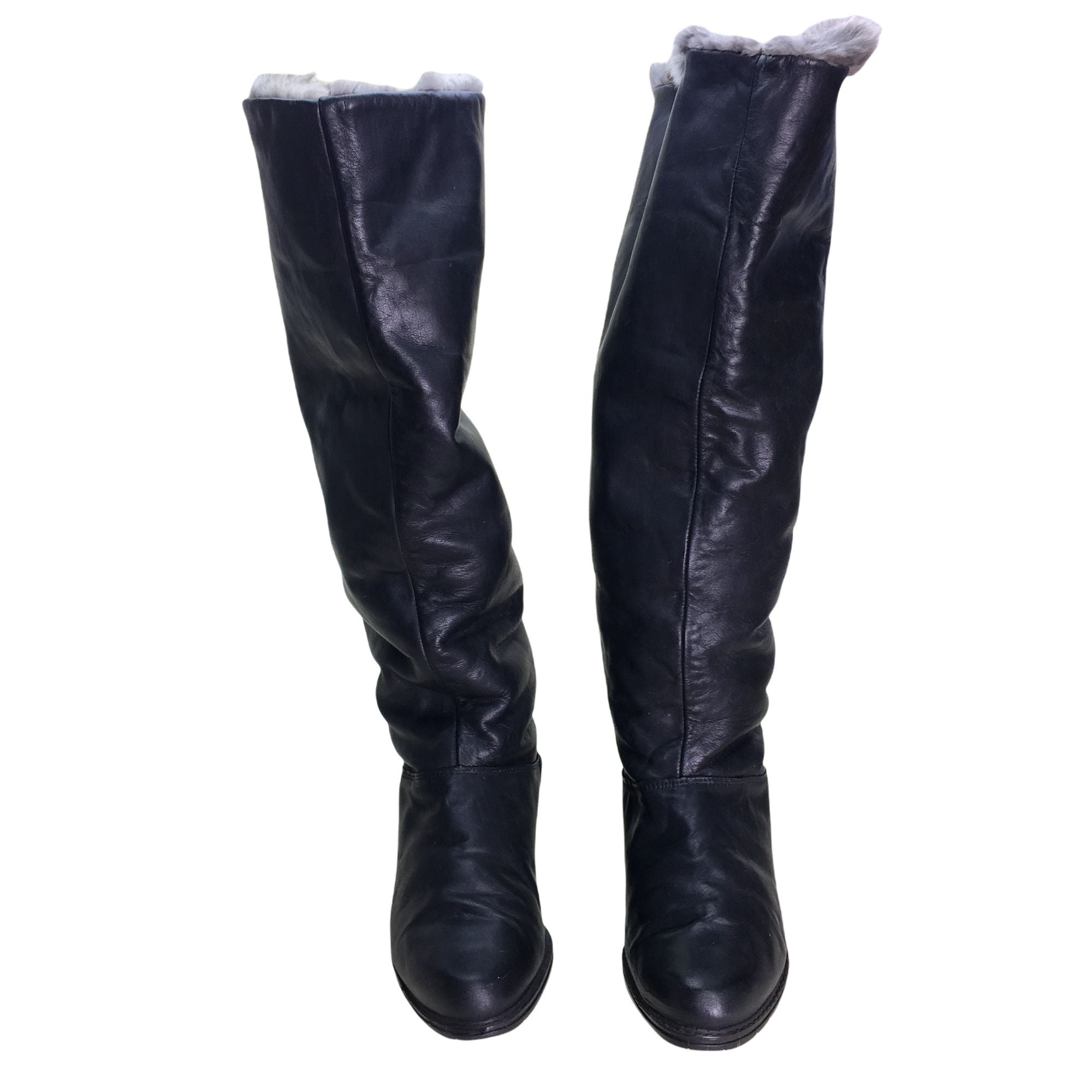 Vintage Tall Boots Black Leather Rabbit Fur and Faux Shearling Lined by ...