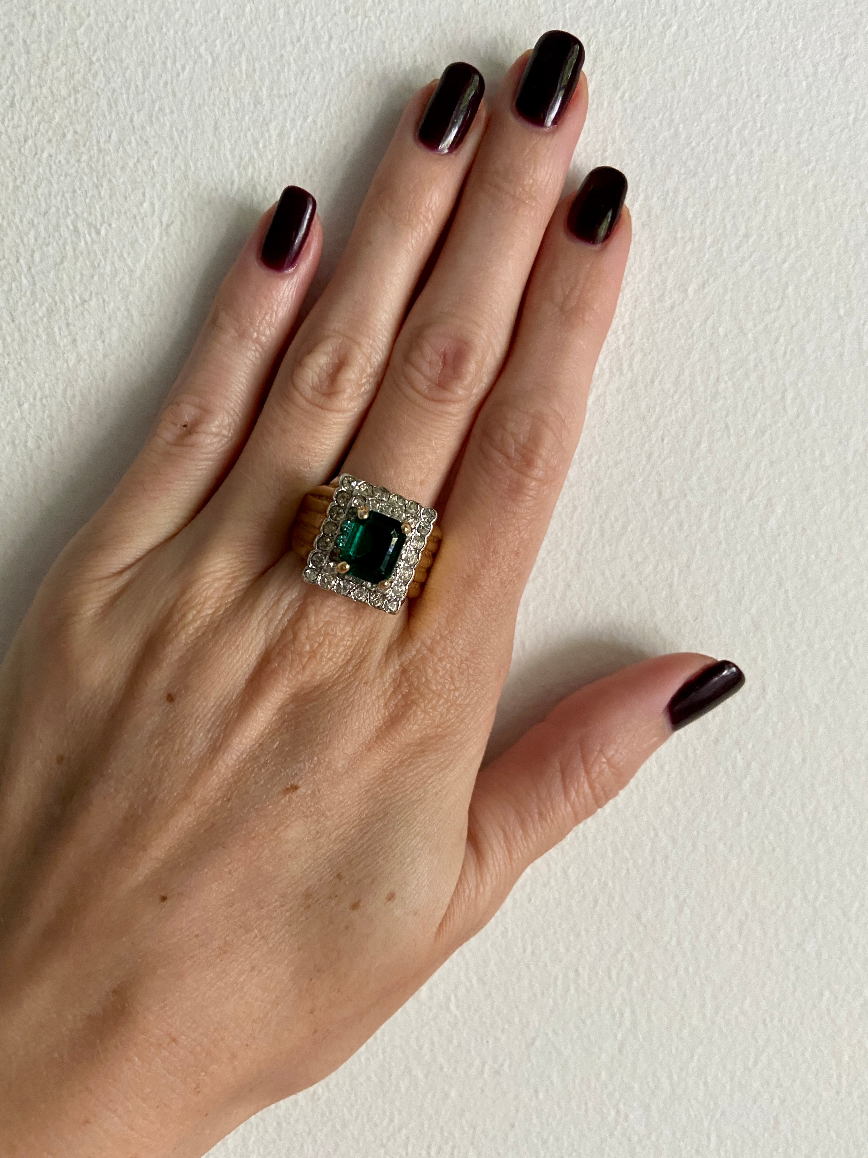 Vintage 80s Emerald Green Glass and Diamond Rhinestone Gold Cocktail ...