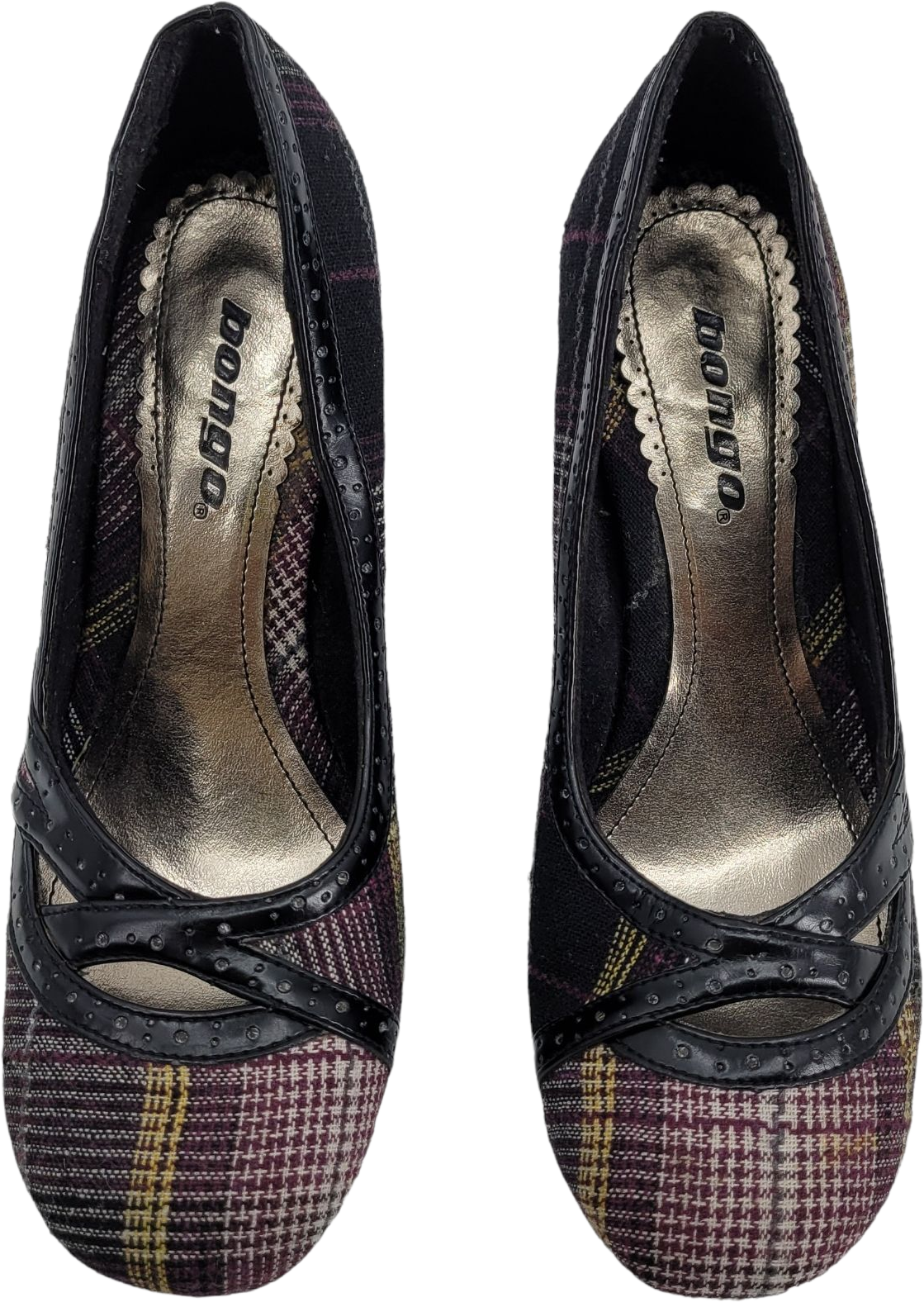 Vintage 00s Bongo Shoes Plaid Pumps Round Toe Cut Outs Heel Purple