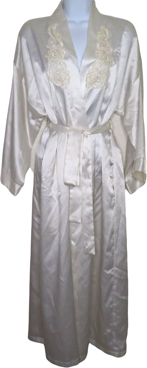 Vintage Full Length White Satin Robe L Beaded Lace Embroidery Bridal b ...