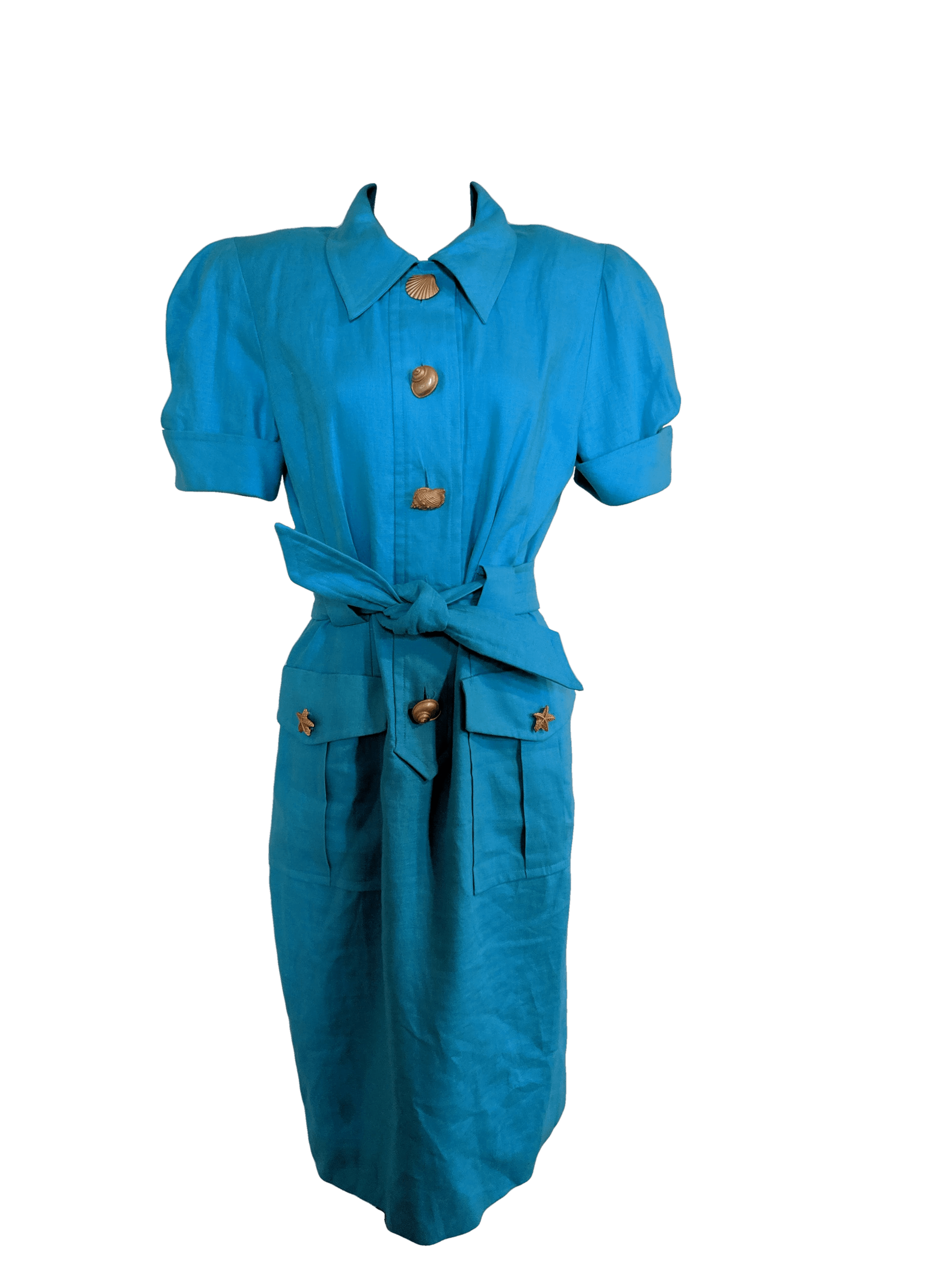 retro button down dress Vintage 70s/80s Aqua Blue Dress with Gold Seashell Buttons, Pockets and  Should