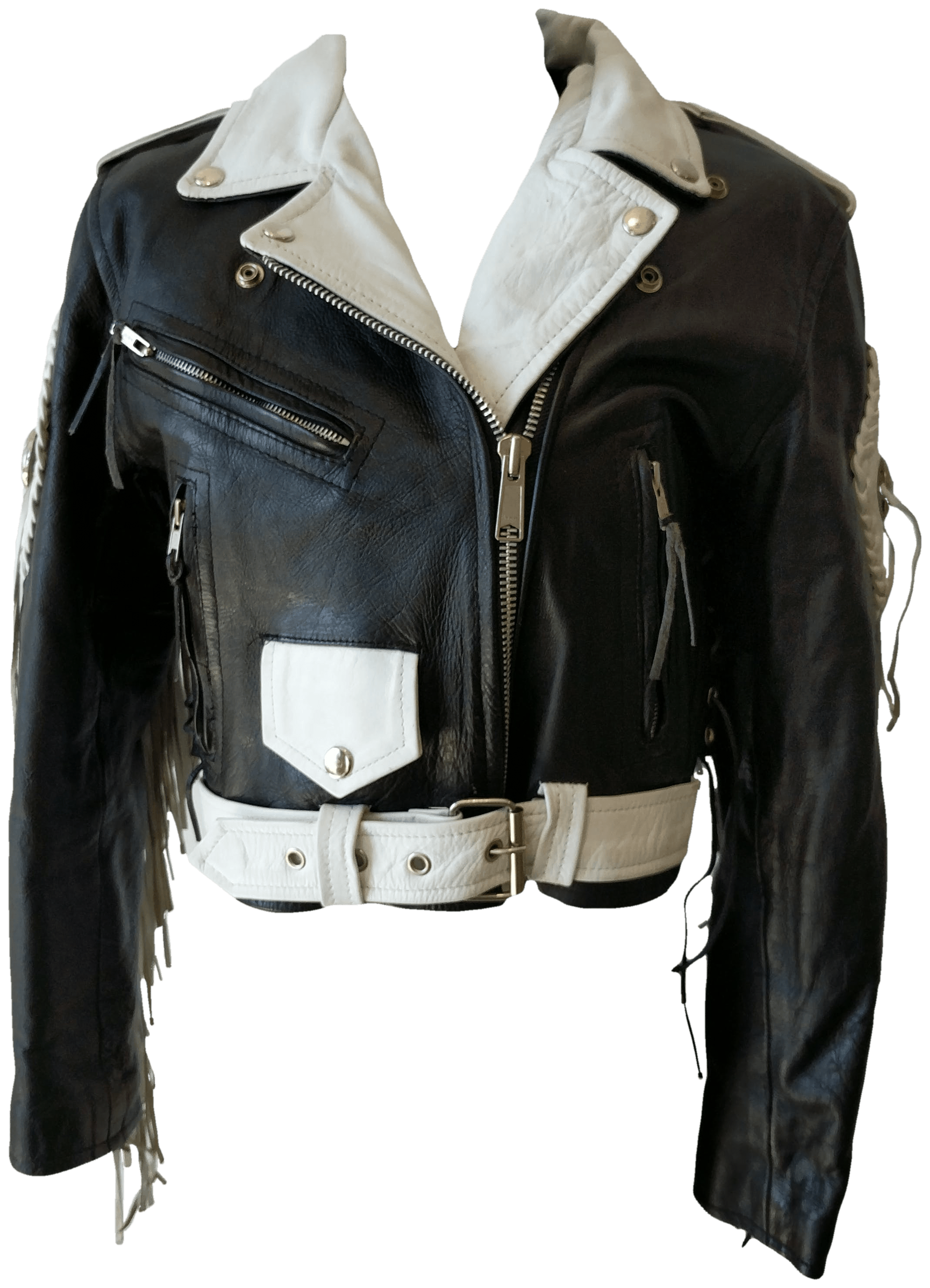 Vintage Black and White Fringe Leather Jacket Shop THRILLING