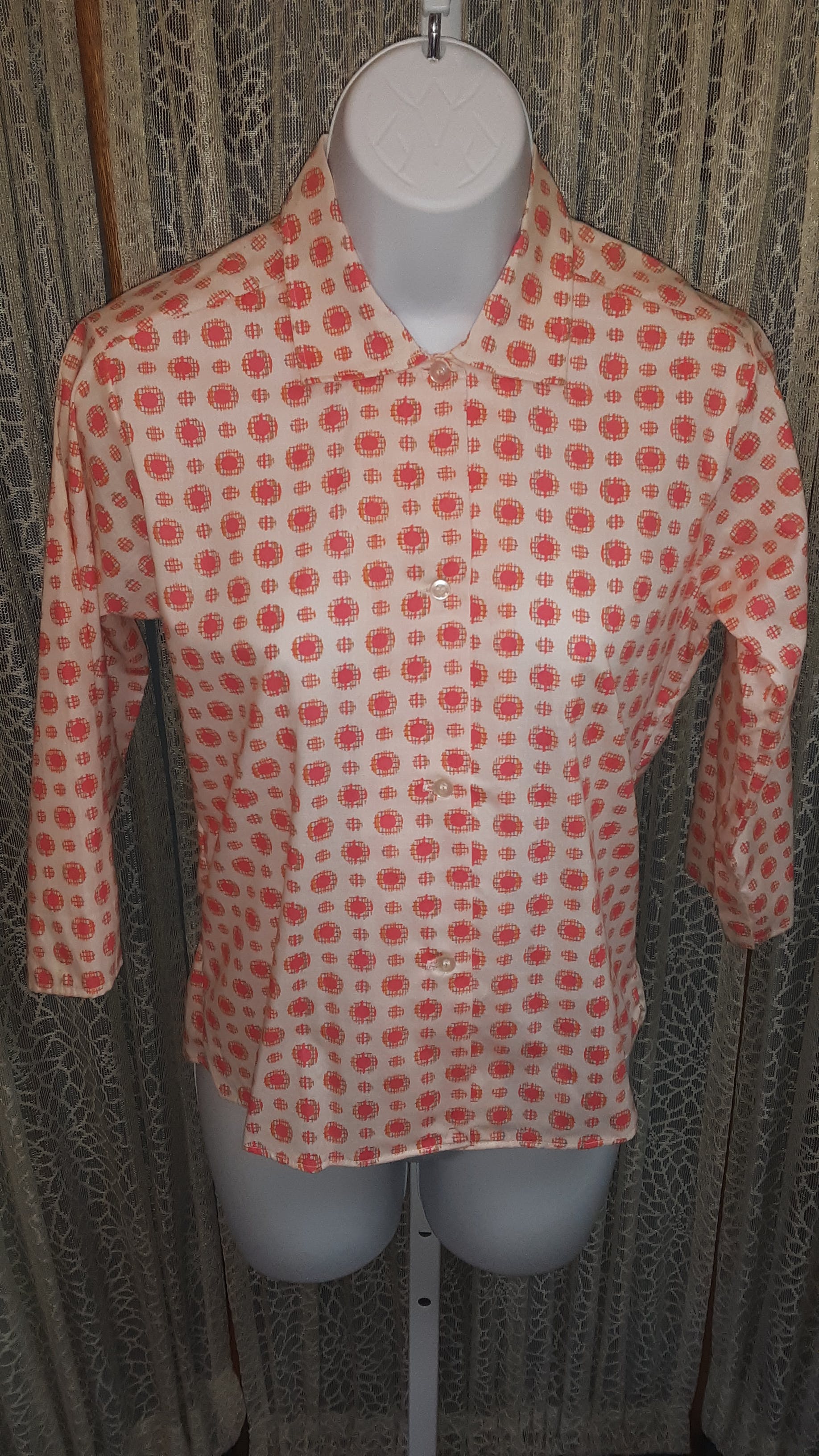 Vintage 60's Pink Printed Button Up Blouse by Fine Needle Tailoring ...