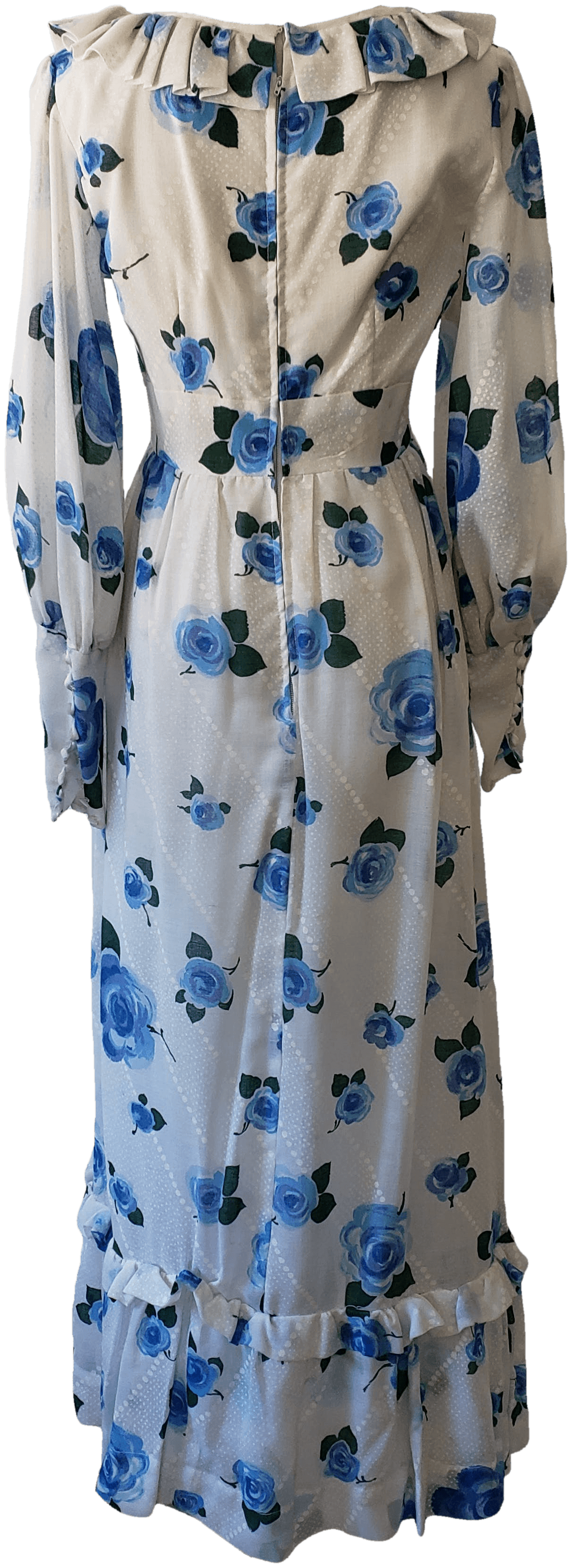 Vintage Blue and White Floral Print Maxi Dress with Ruffle Details