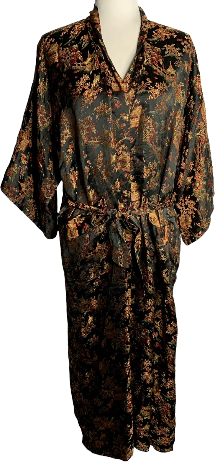 Vintage Solz Squirrel Jacquard Satin Robe M Black Gold Pagoda Floral b ...
