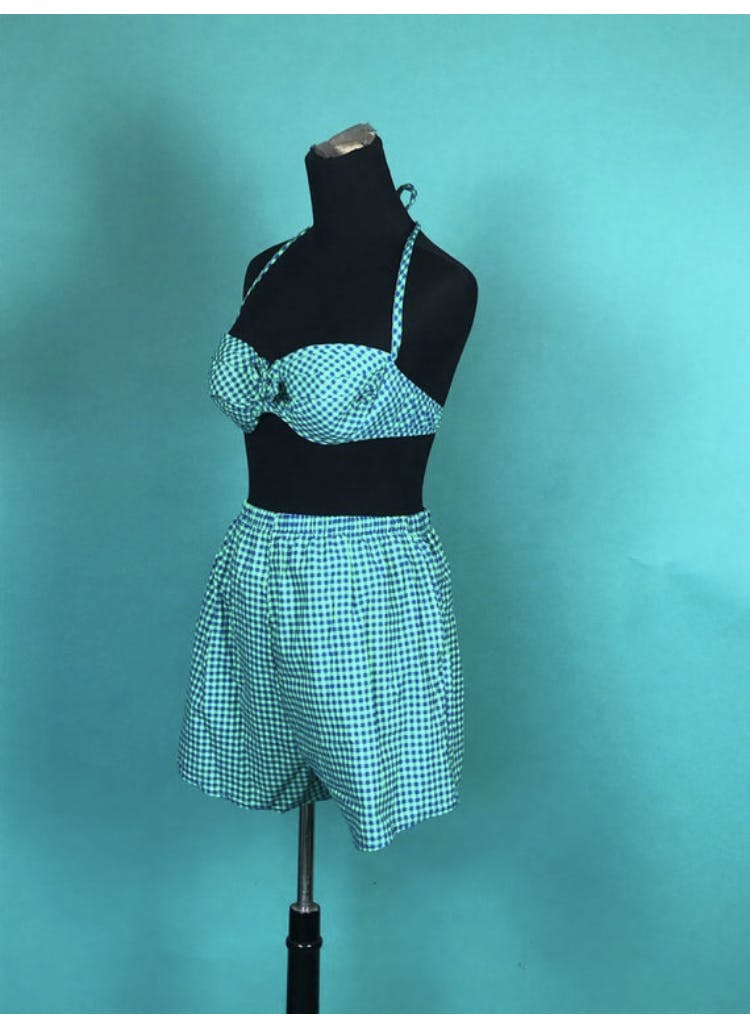 Vintage 80's Bright Blue Checkered High Waisted Short and Bikini Top ...