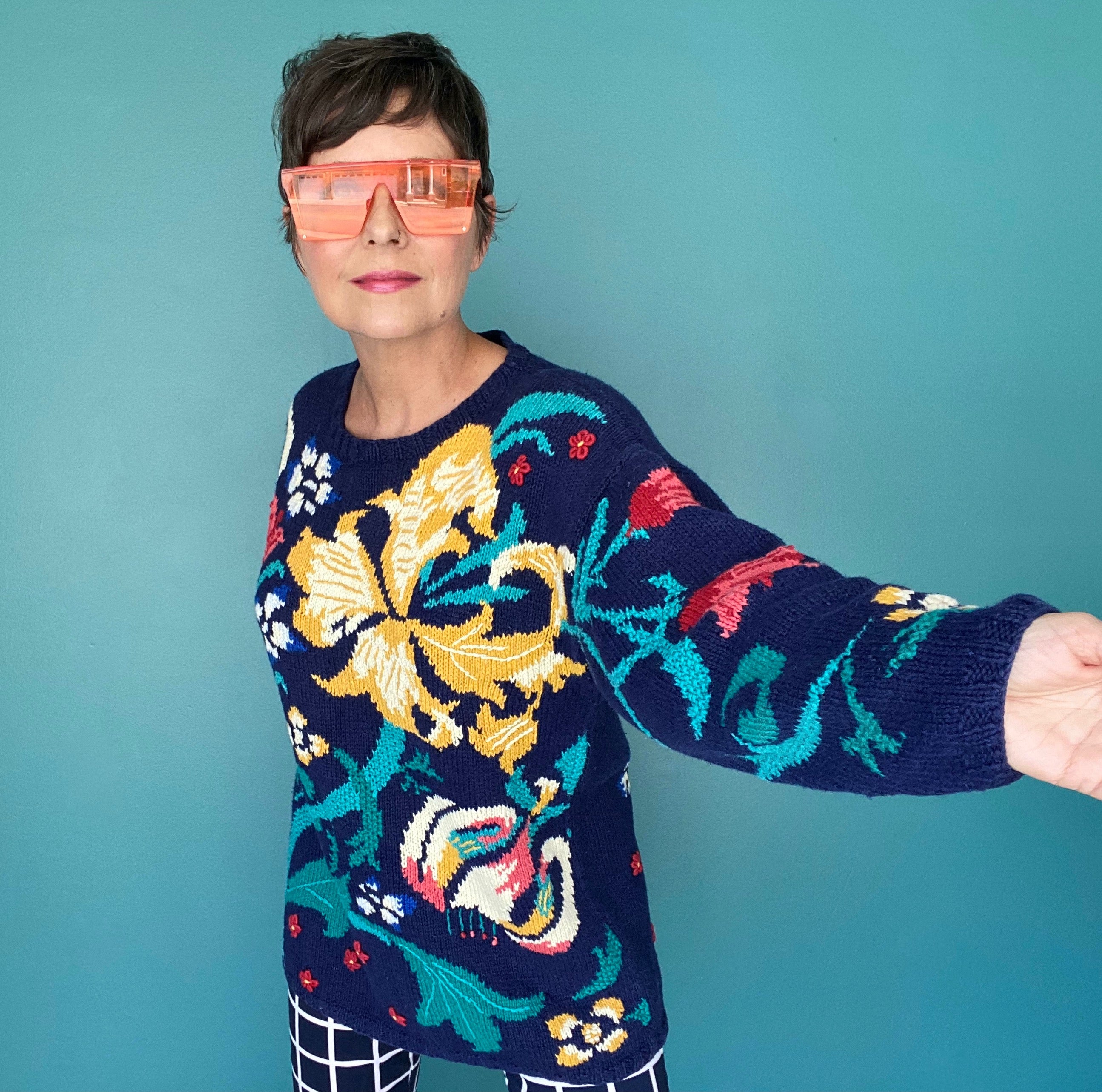 Vintage Chunky Oversized Floral Navy Colorful Sweater by Jennifer Reed ...