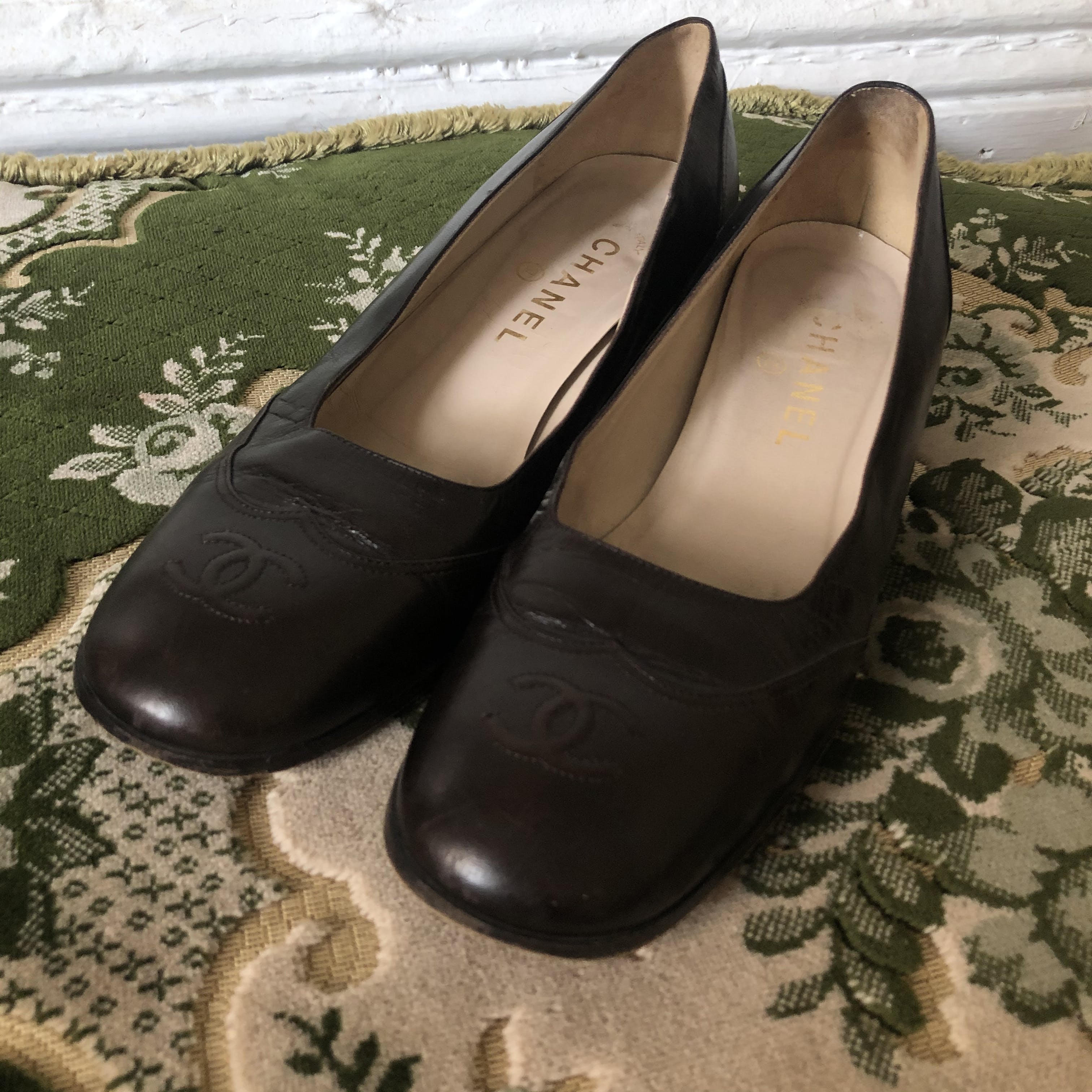 Vintage Brown Leather Loafer Logo Heels by Chanel | Shop THRILLING