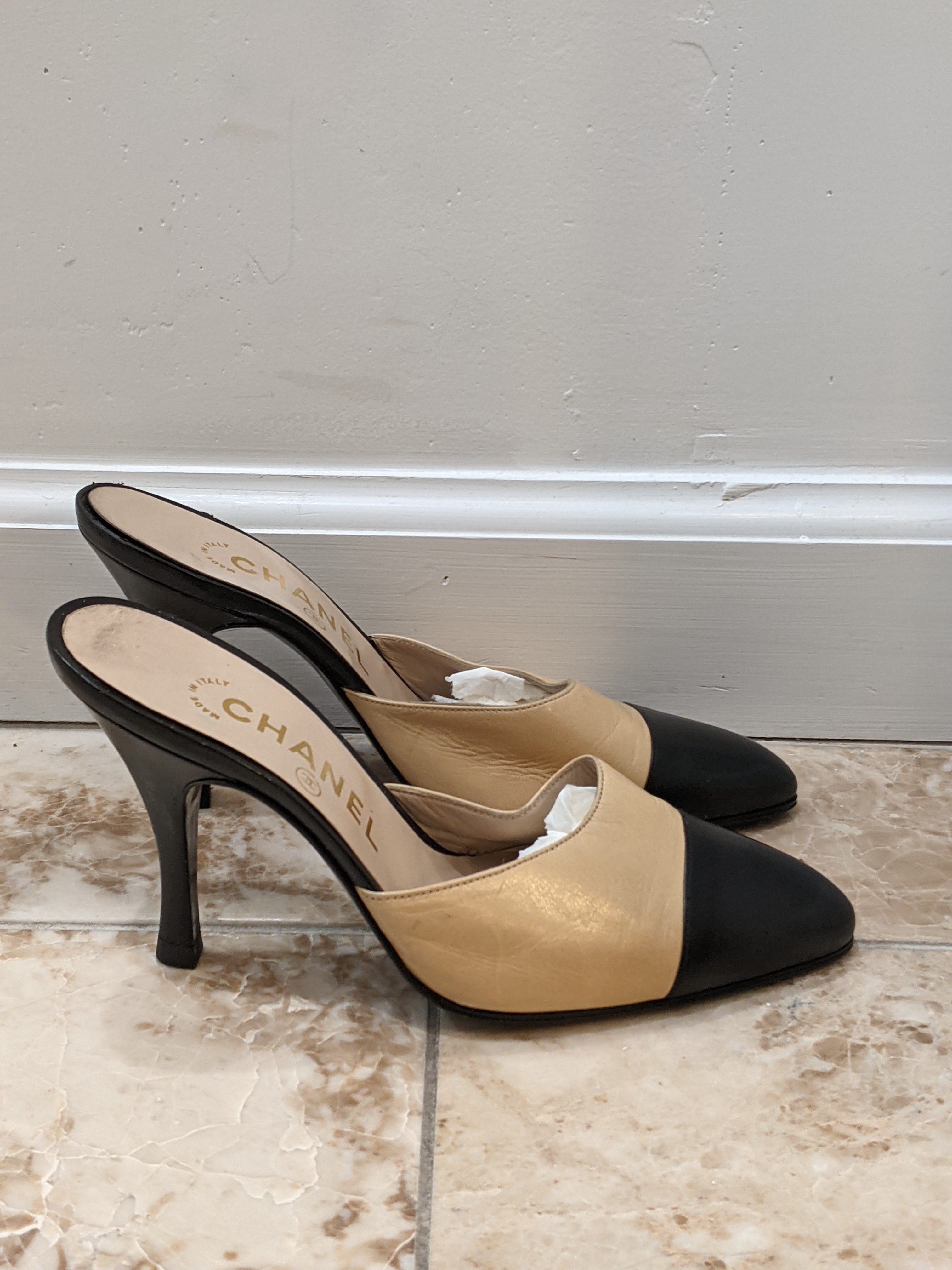 Vintage Beige And Black Leather Mules By Chanel