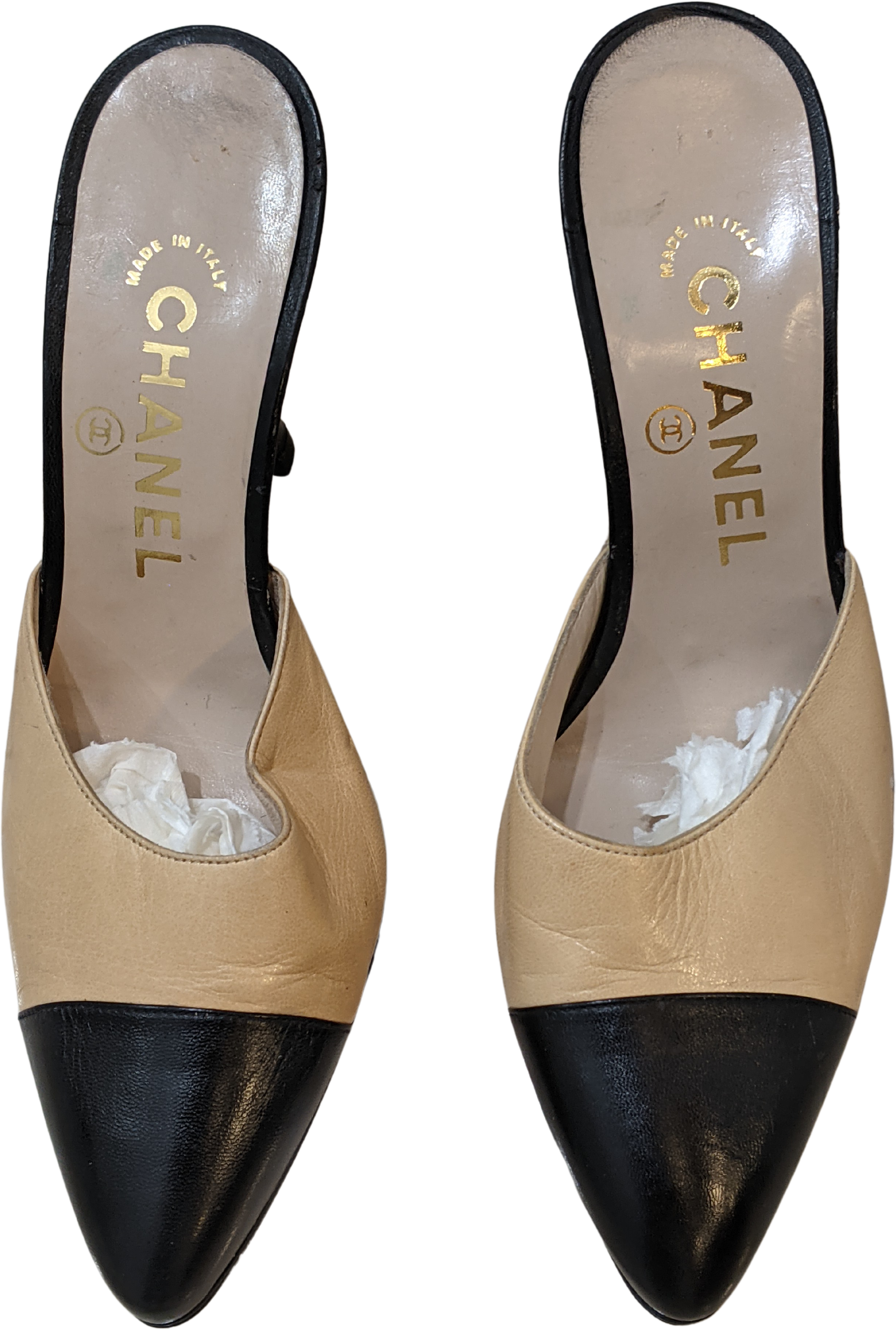 Vintage Beige And Black Leather Mules By Chanel