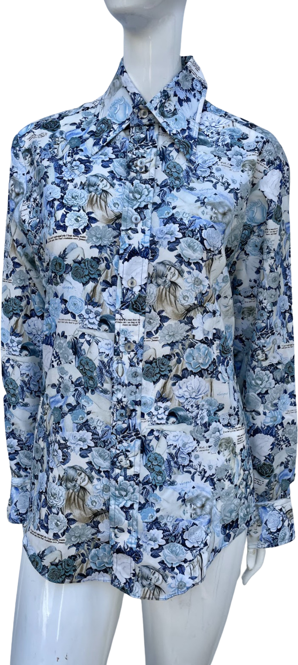 70s Blue Playboy Floral Collage Vargas Women Button Up By Impulse