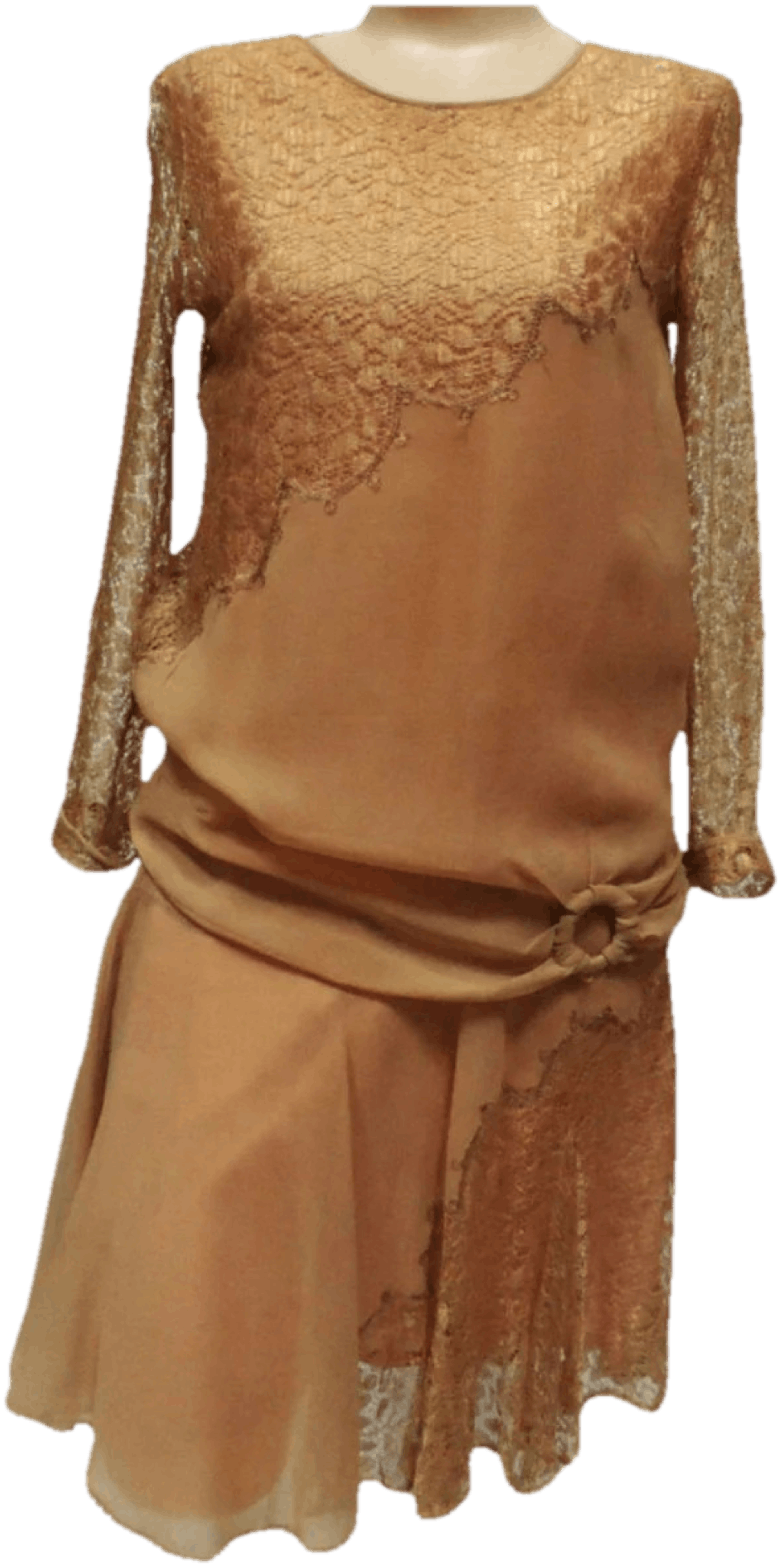 Vintage 20s Flapper Dress Nude Chiffon Lace Drop Waist Wedding Shop Thrilling 7821