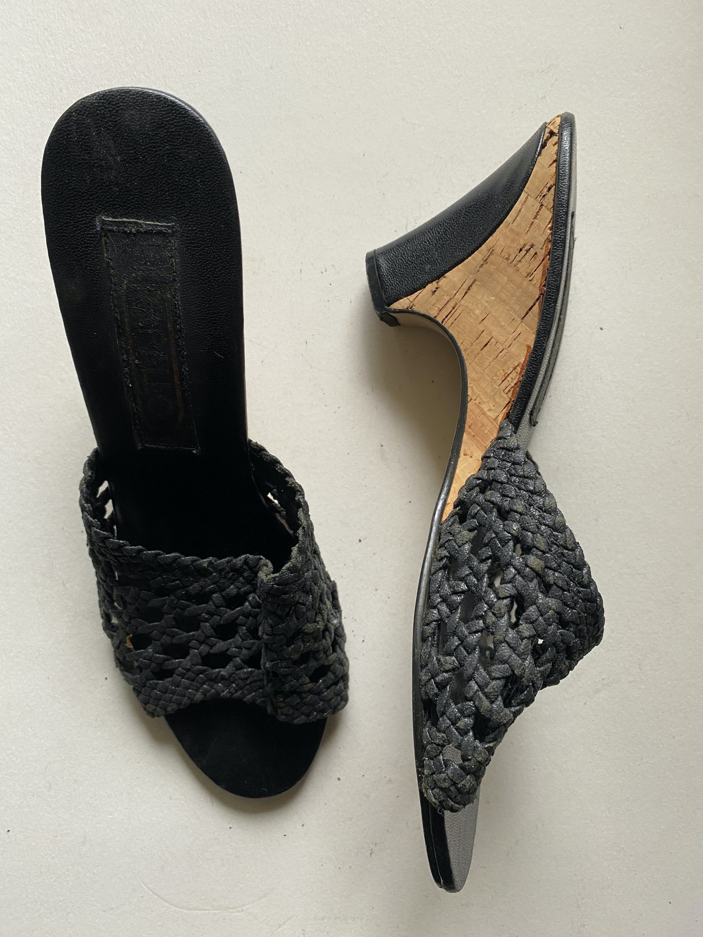 Vintage 70's Black Leather and Cork Wedges | Shop THRILLING