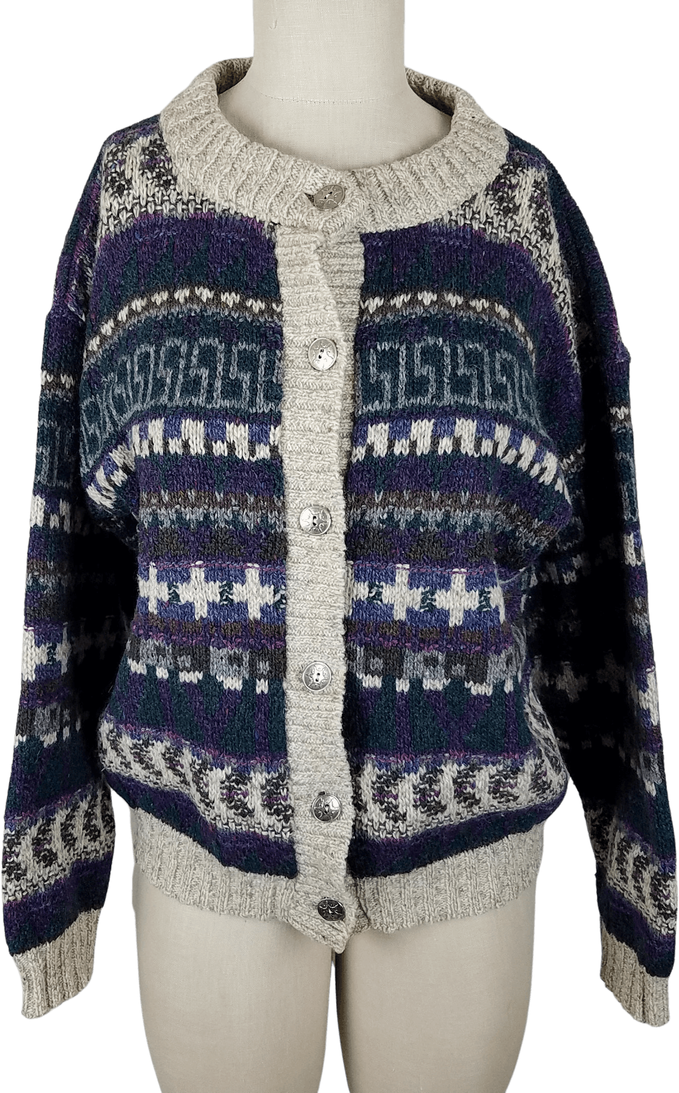 Vintage Blue Multicolor Fair Isle Print Striped Wool Cable Knit ...