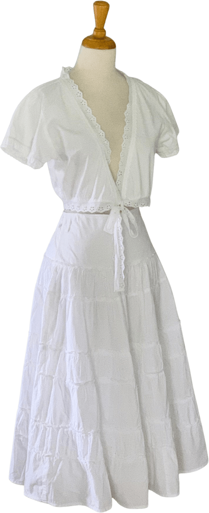 Vintage 80’s White Eyelet Trim Front Tie Top and Tiered Skirt Set by ...