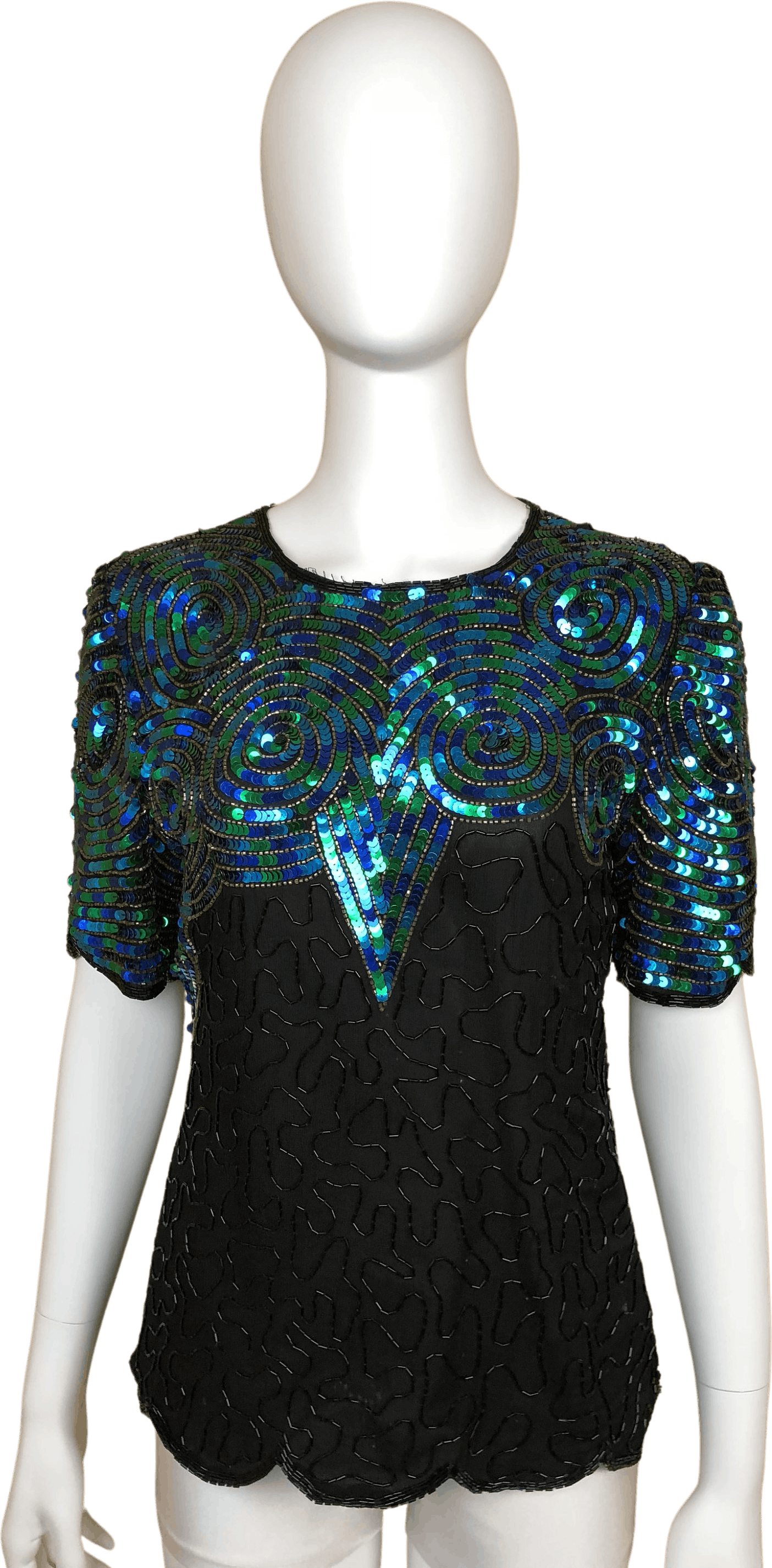 Vintage 70’s Blue Green Sequin Blouse With Black Swirl Detail by Royal ...