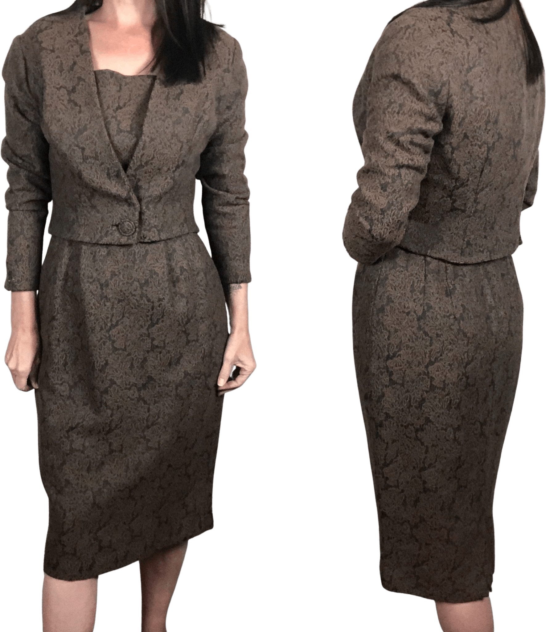 Vintage 50’s Brown and Black Damask Print Dress Set Shop THRILLING