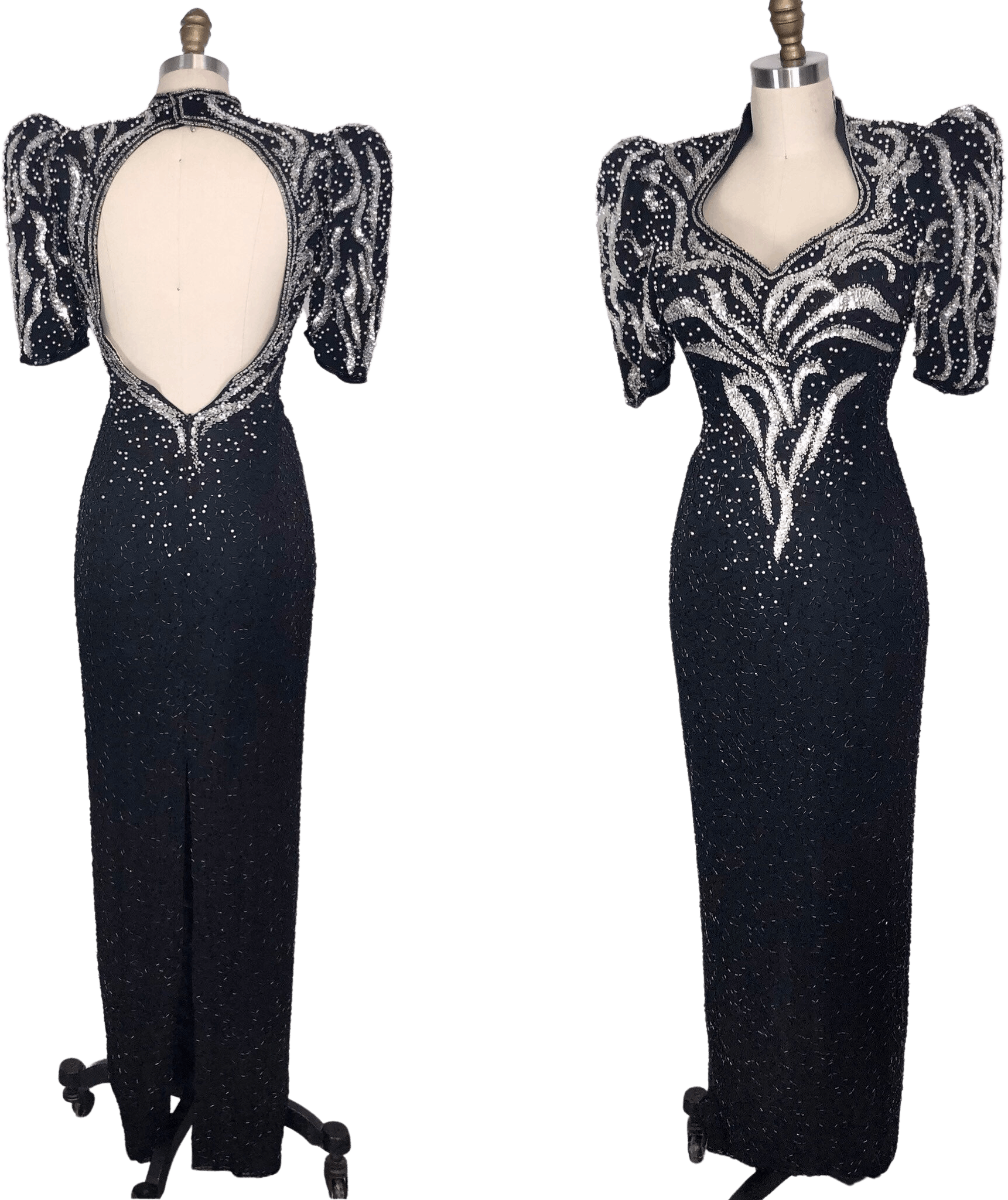 Vintage 80’s Black and Silver Beaded Puff Sleeve Gown by Alyse Designs ...