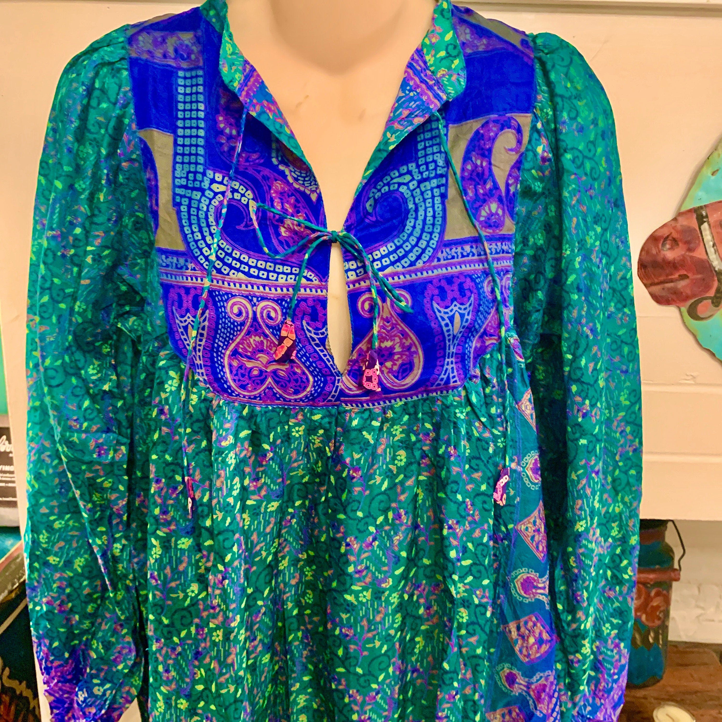 Vintage 70’s Mixed Patchwork Silk Block Print Boho Dress | Shop THRILLING