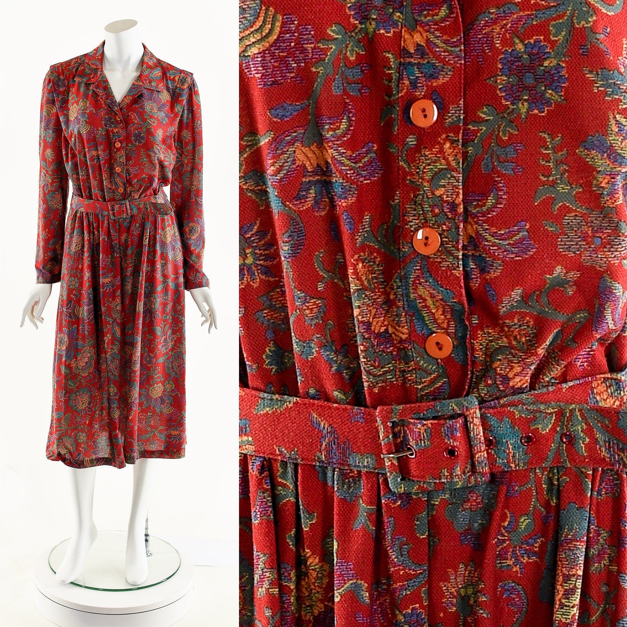 Vintage Red Rustic Rainbow Floral Print Midi Dress | Shop THRILLING
