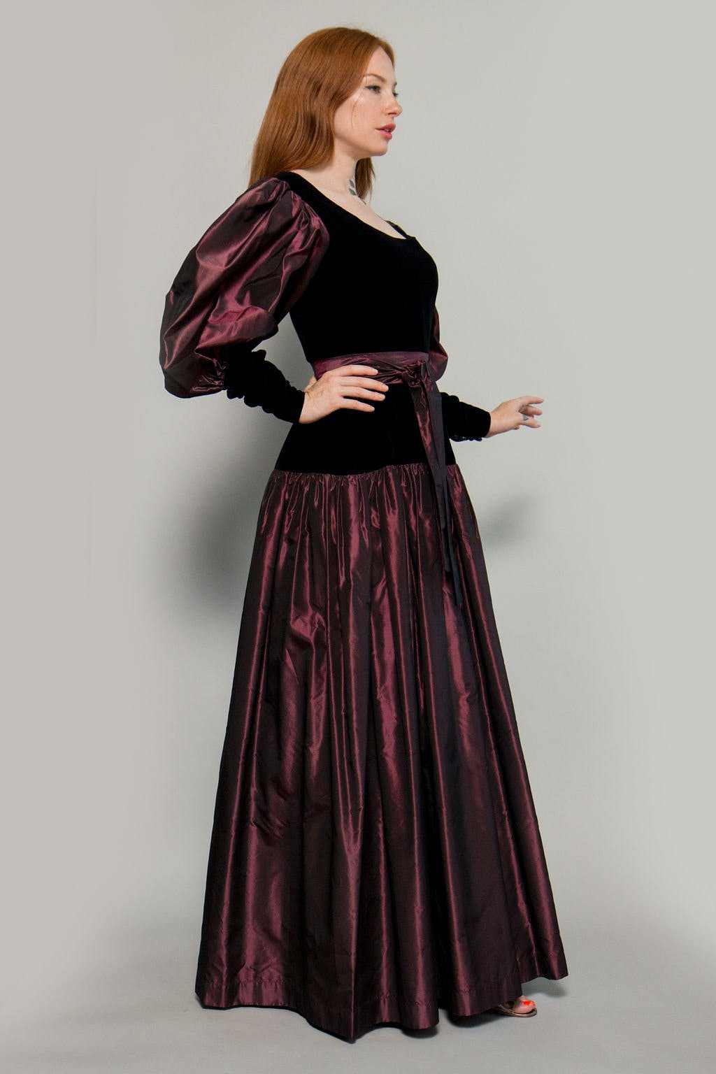 Vintage Black Velvet and Iridescent Red Taffeta Belted Gown by Yves ...