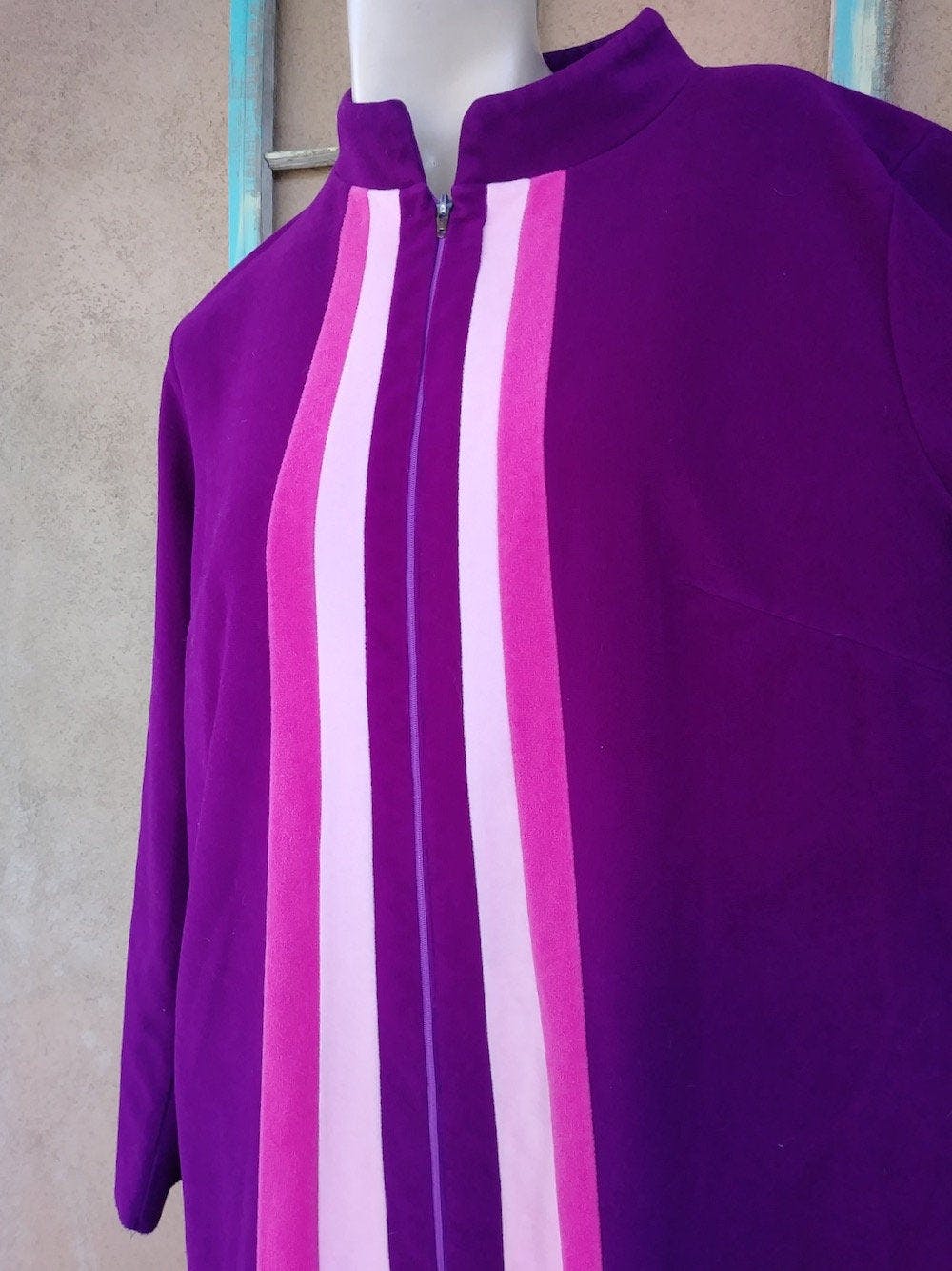 Vintage 70’s Purple Velour Zip Up Robe with Pink Center Stripes by JC ...