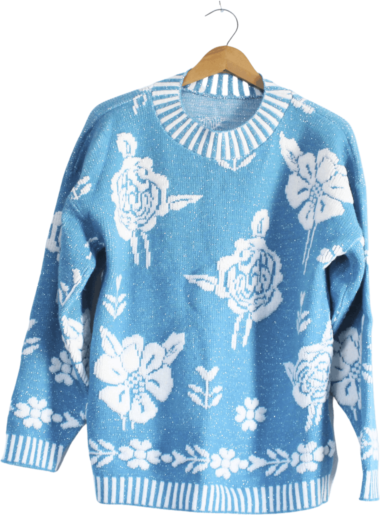 Vintage Blue Floral Print Acrylic Sweater Shop THRILLING