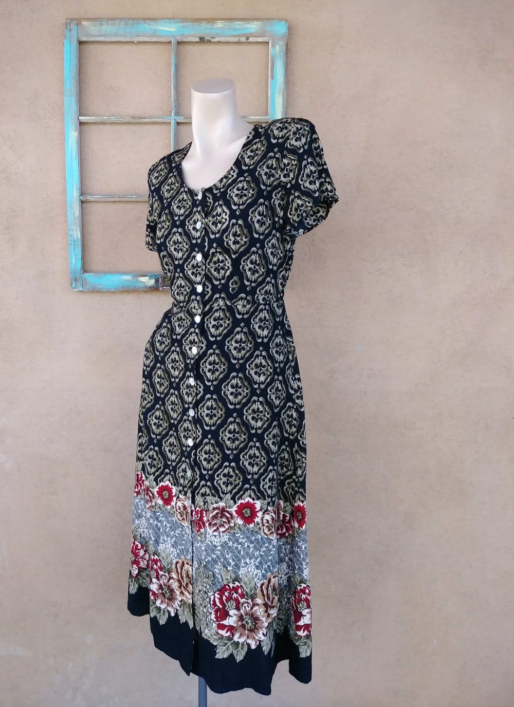 Vintage 90’s Rayon Border Print Maxi Dress by Betsy's Things | Shop ...