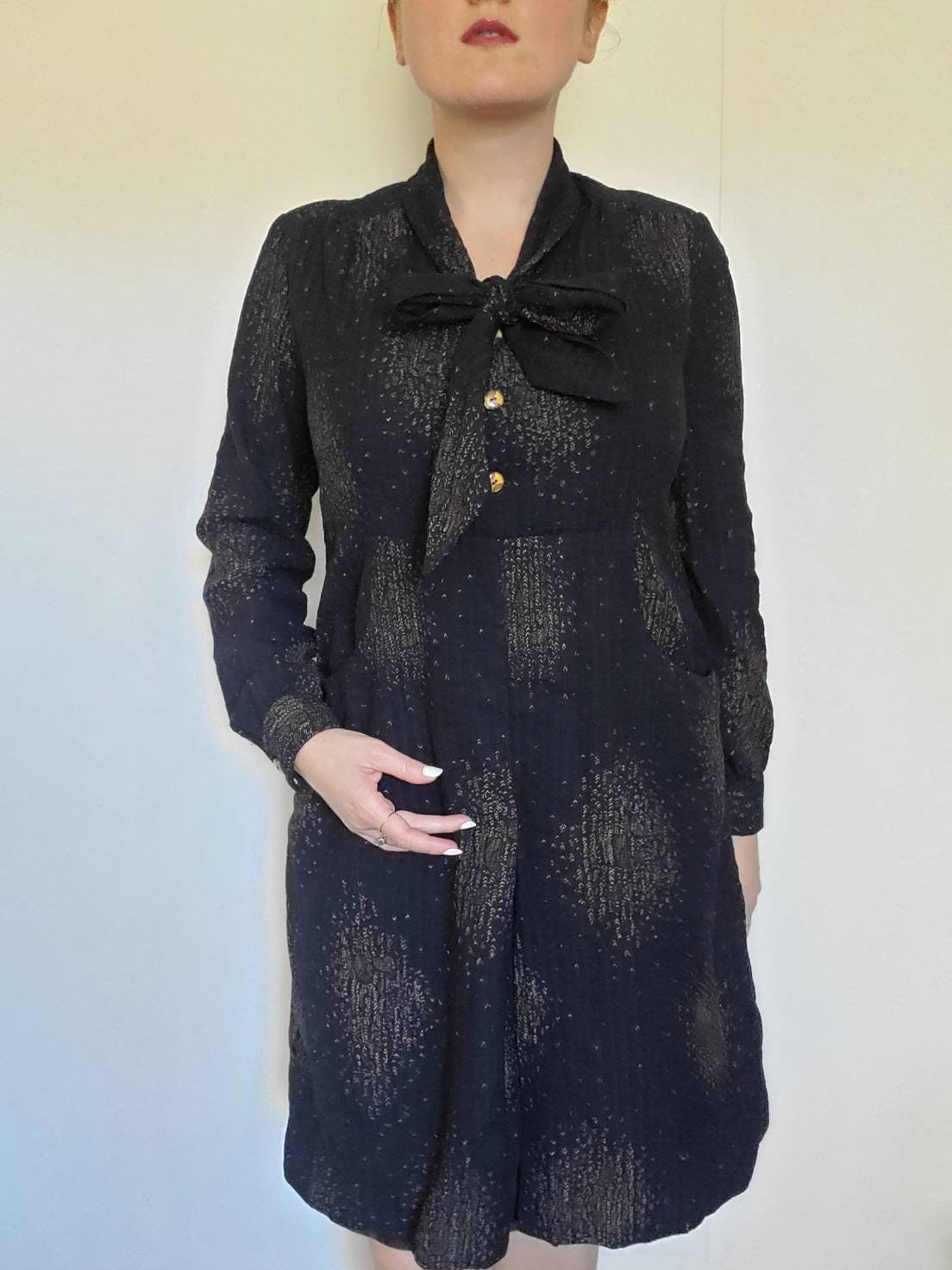Vintage 60’s/70’s Black Wool Empire Waist Pussybow Dress | Shop THRILLING
