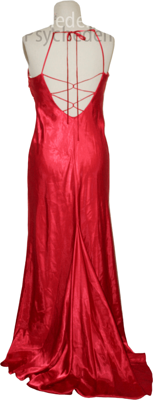 Vintage 90’s Red Satin Rhinestone Halter Gown with Fish Tail Train ...