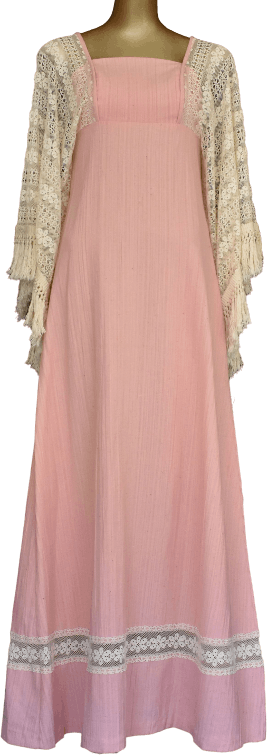 Vintage 70’s Pink Fringed Lace Long Sleeve Cotton Dress by Miss K by