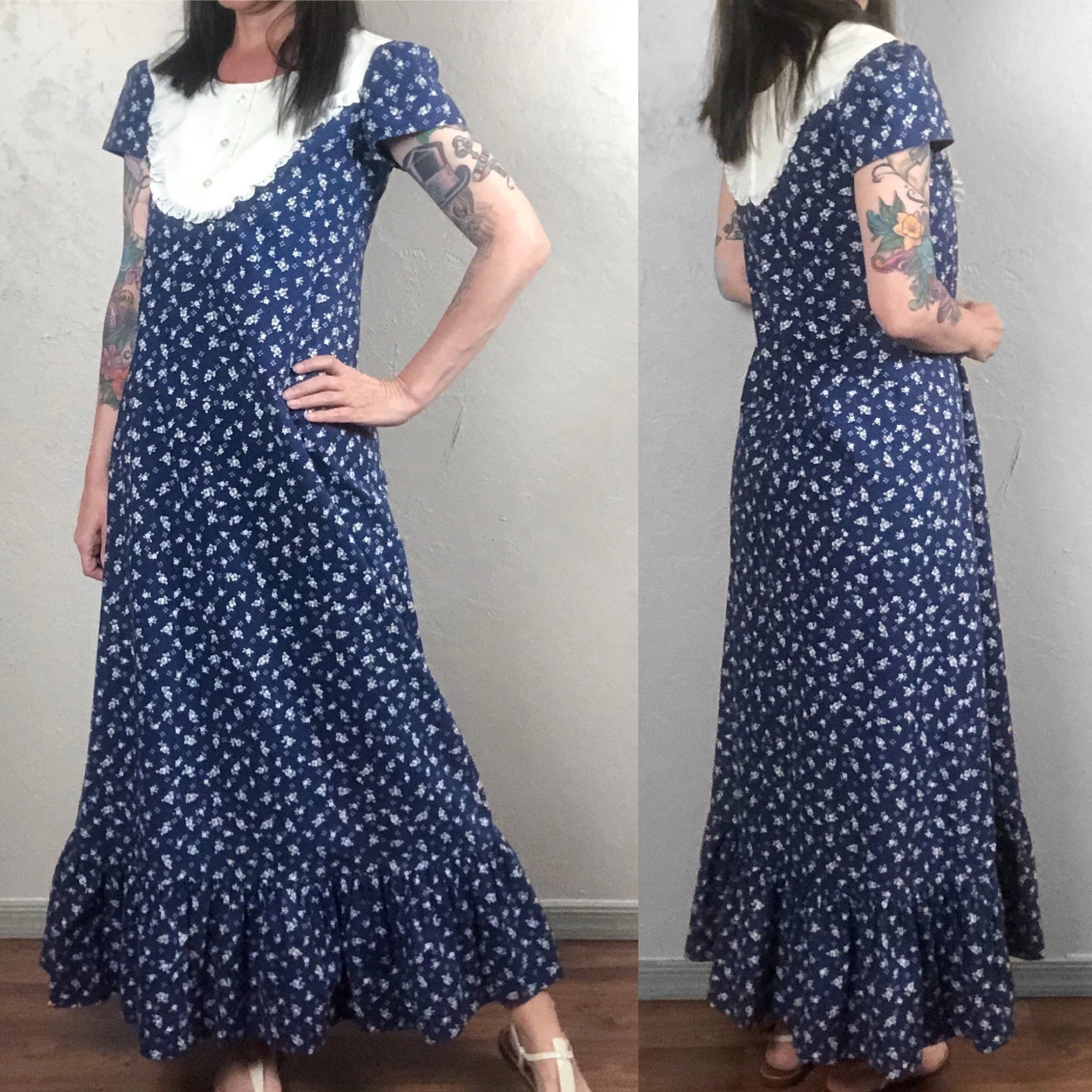 Vintage 70’s Blue and White Floral Print Maxi Prairie Dress | Shop ...