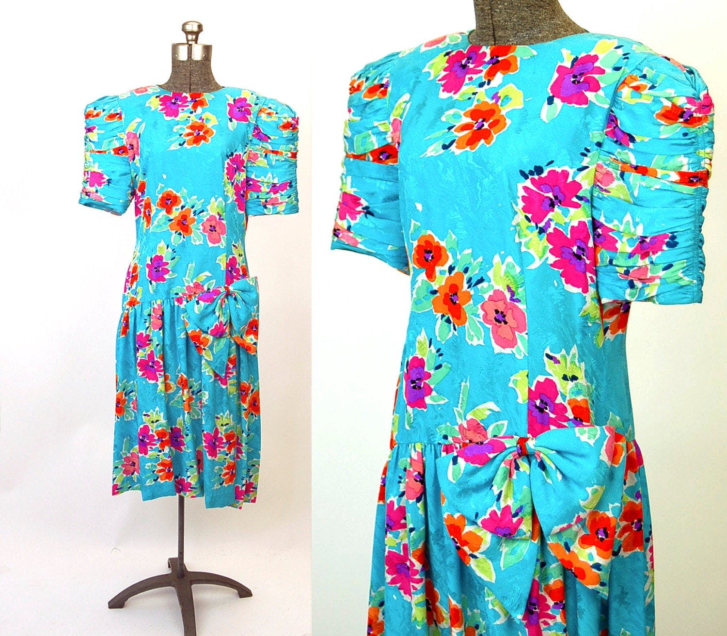 Vintage 80's Turquoise Puff Sleeve Silk Floral Dress by R&K | Shop ...