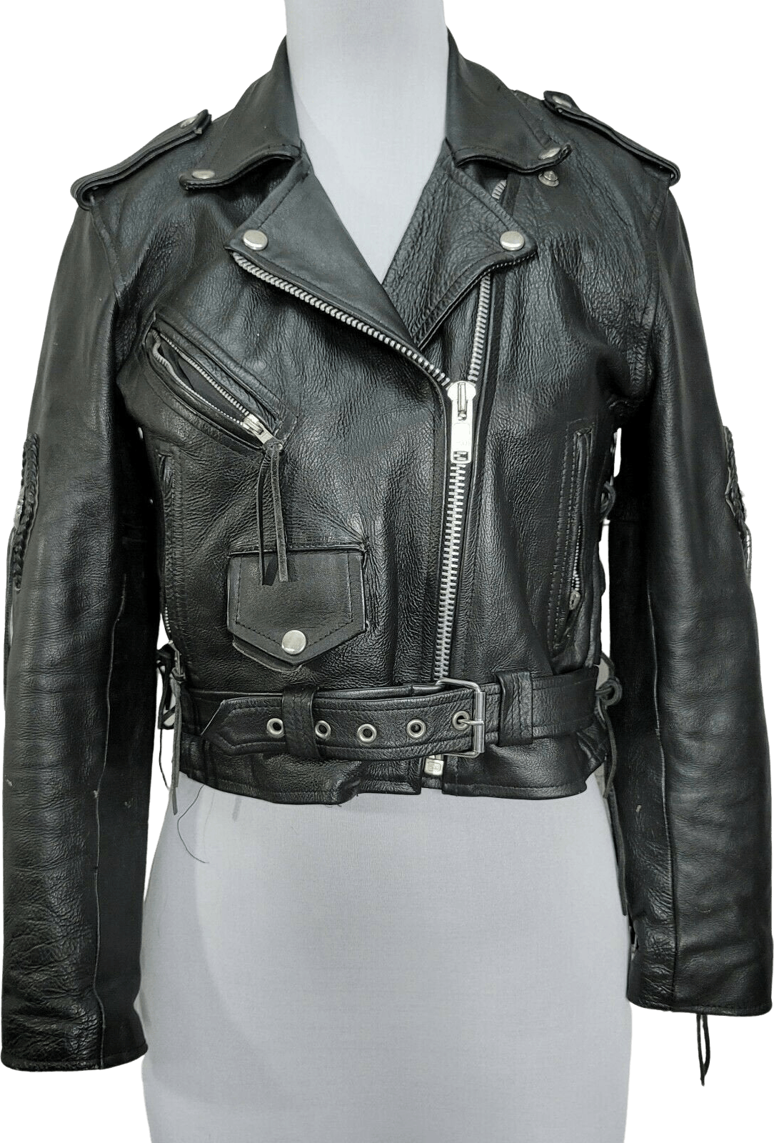Vintage 90's Black Leather Motorcycle Jacket with Fringe and Silvertone ...