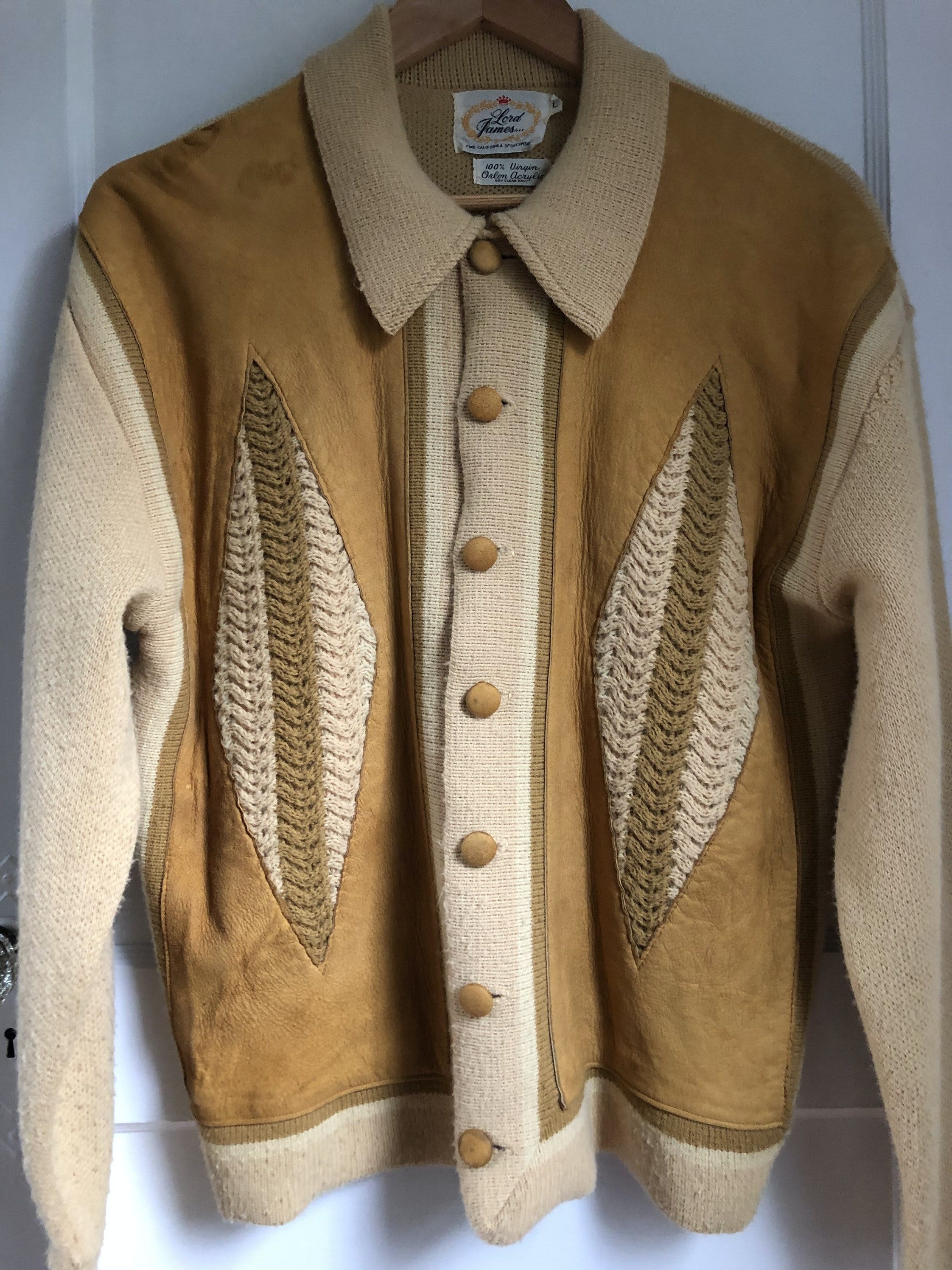 Vintage 60’s Beige Knit Acrylic and Suede Collared Cardigan Sweater ...