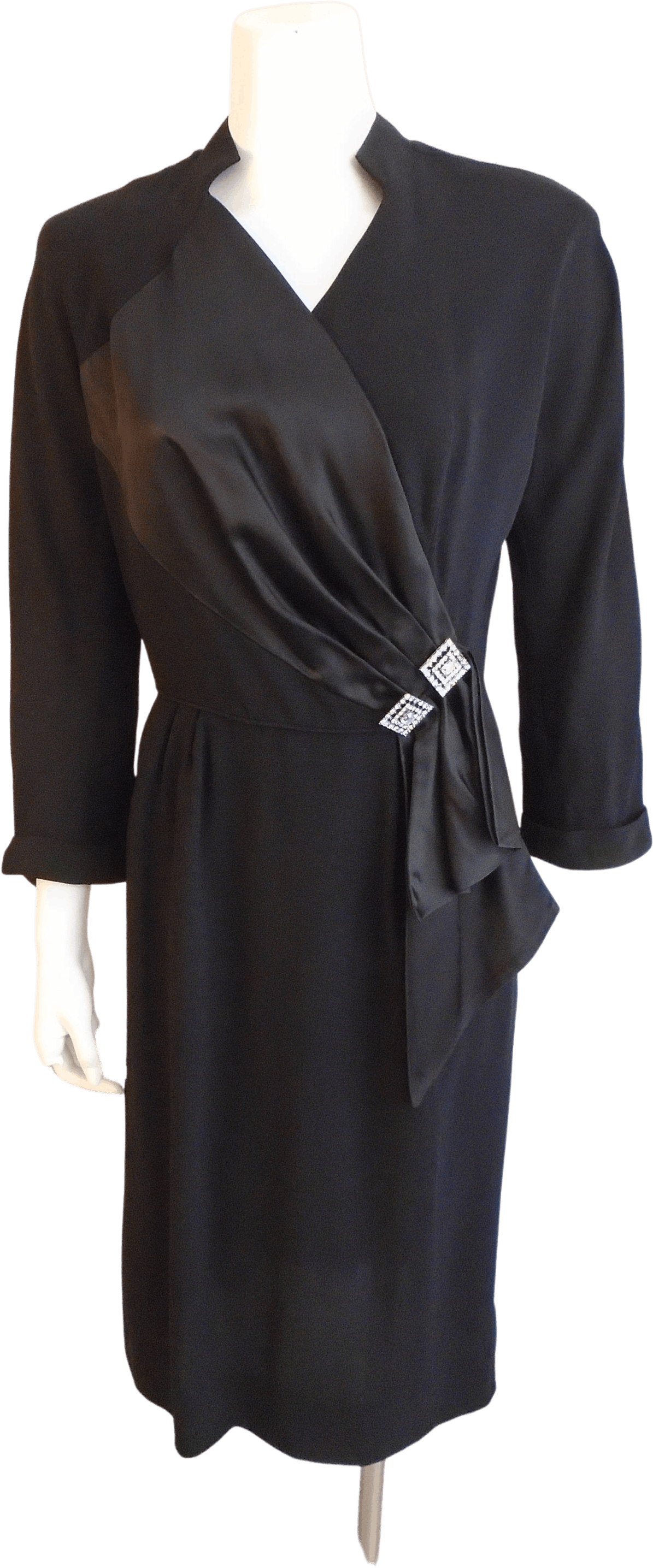 Vintage 40’s Black Crepe and Satin Wrap Style Dress with Rhinestone