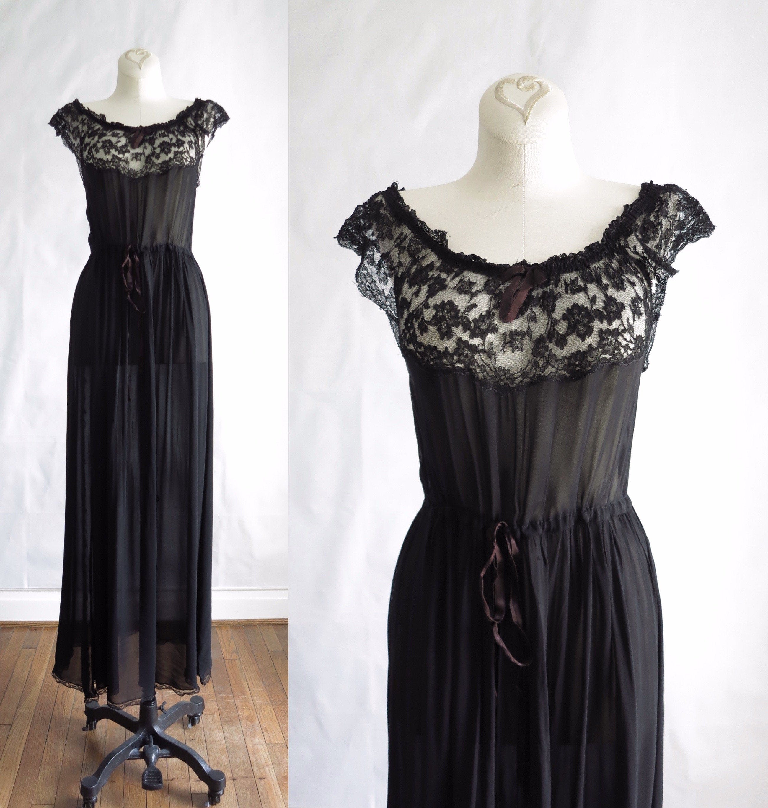 Vintage 40's Black Lace and Satin Maxi Nightgown by Blanche | Shop ...
