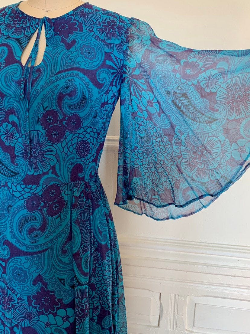 Vintage 70’s Blue Floral Satin Flutter Sleeve Gown | Shop THRILLING