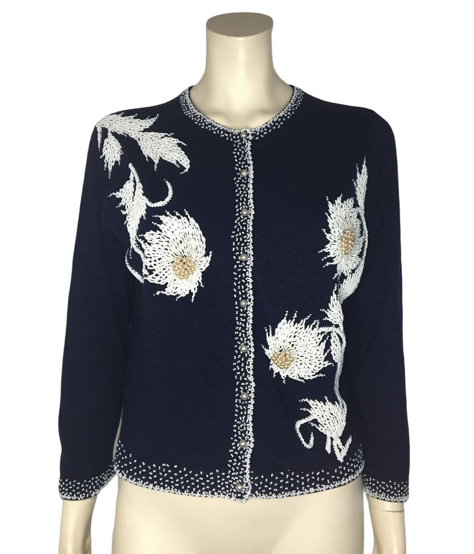 Vintage 50’s/60’s Blue and White Cashmere Cardigan with Bead Detail ...