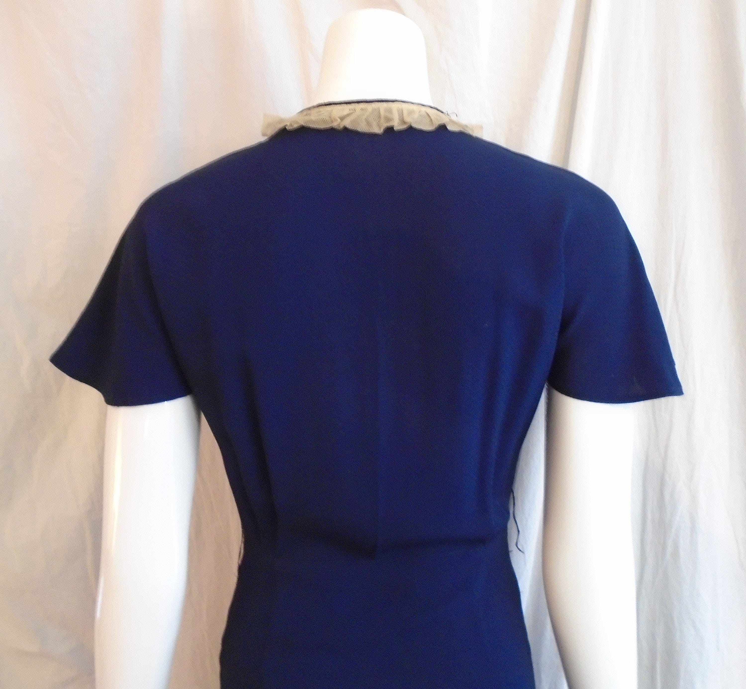 Vintage 30’s Navy Blue Crepe Flutter Sleeve Dress with Ruffle Trim ...