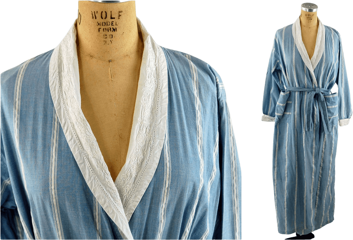 Vintage 70's Blue and White Striped Cotton Robe with Shawl Collar by ...