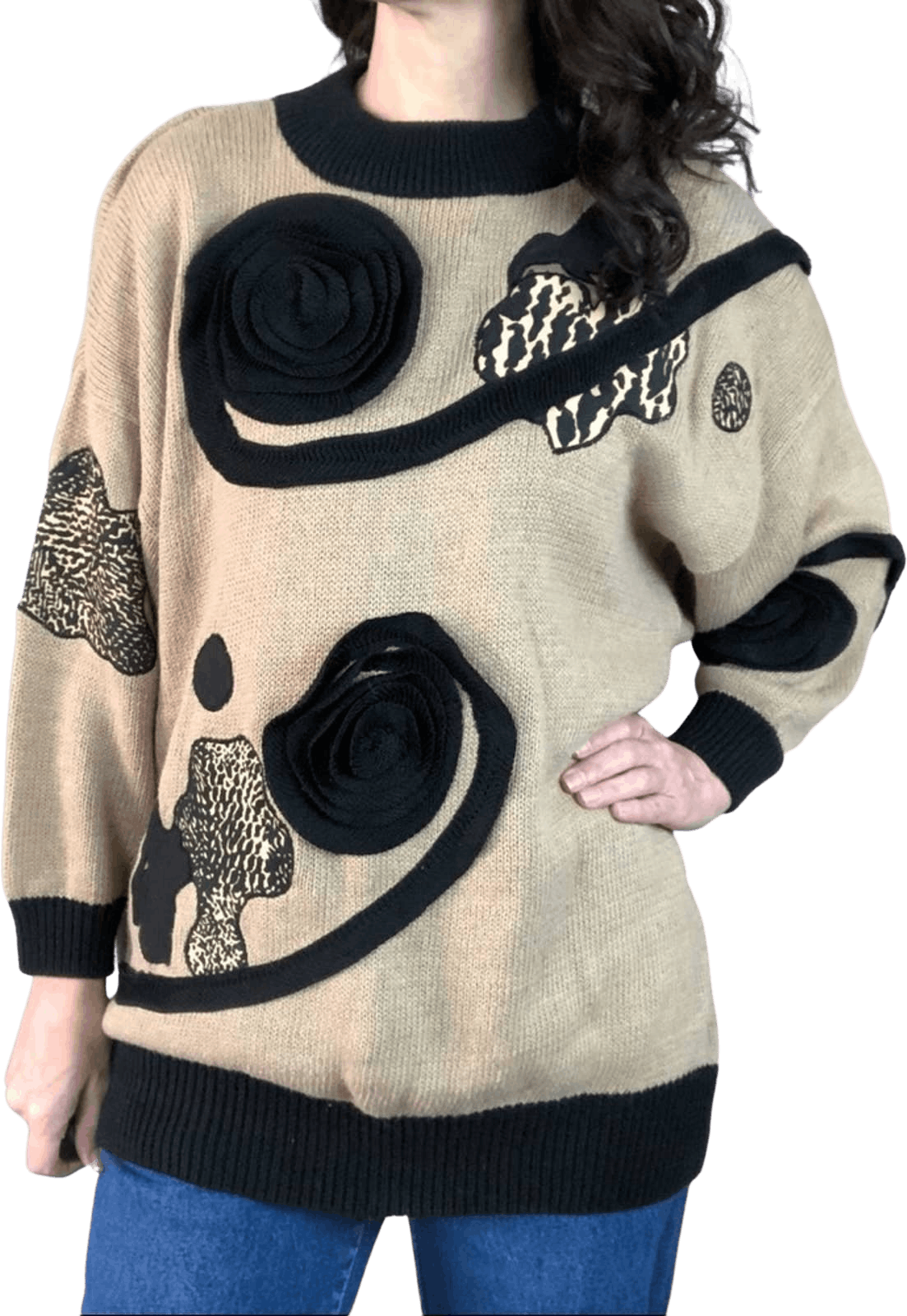 Vintage 80s Tan 3d Knit Swirls Animal Print Sweater By Bonnie and Bill ...