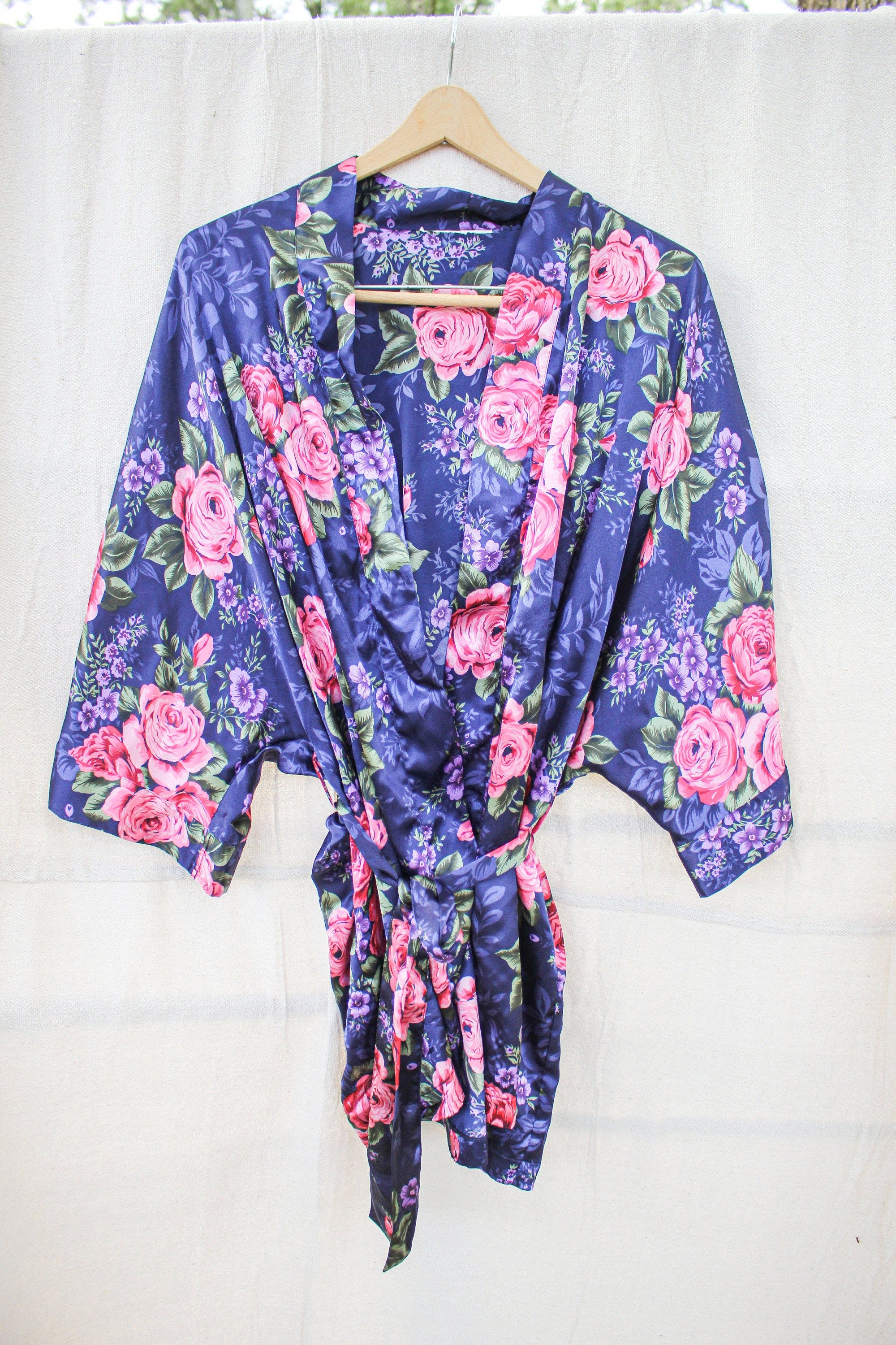 Vintage Blue Multicolor Floral Print Silk Robe | Shop THRILLING