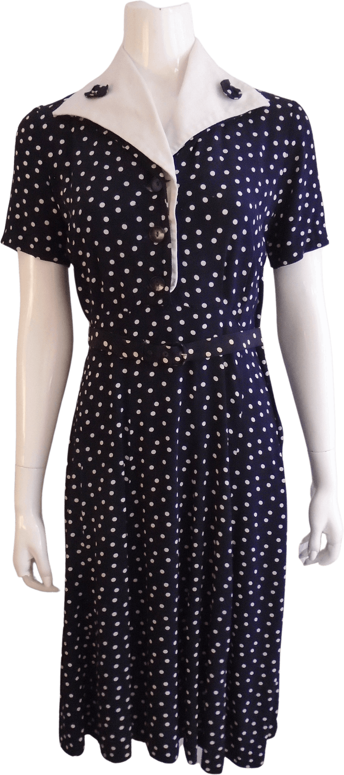 Vintage 50’s Navy Blue and White Polka Dot Pique Collar Shirt Dress ...