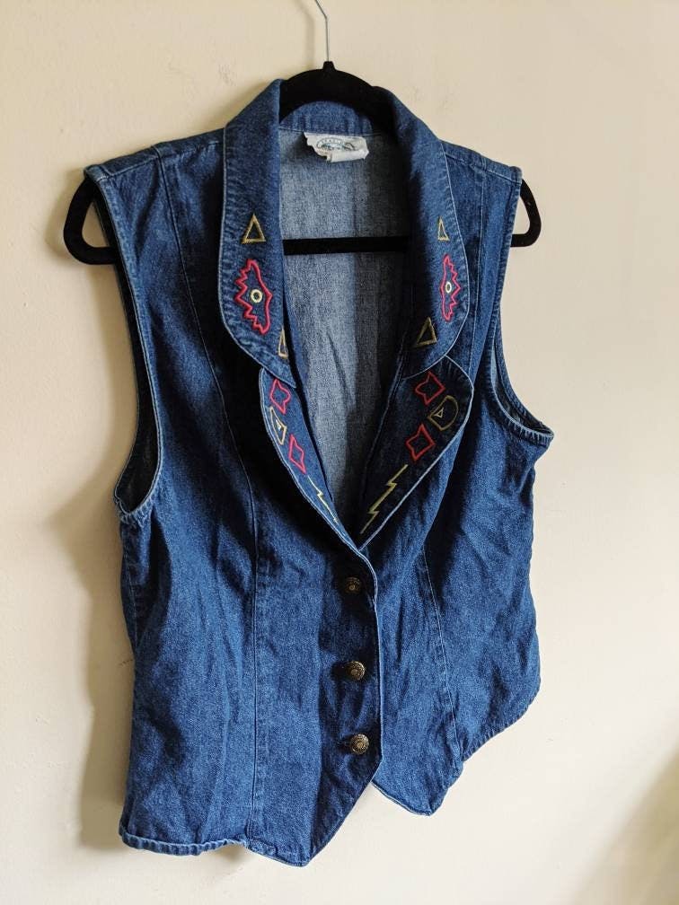 Vintage 90's Embroidered Collar Denim Button Up Vest by River Ridge ...