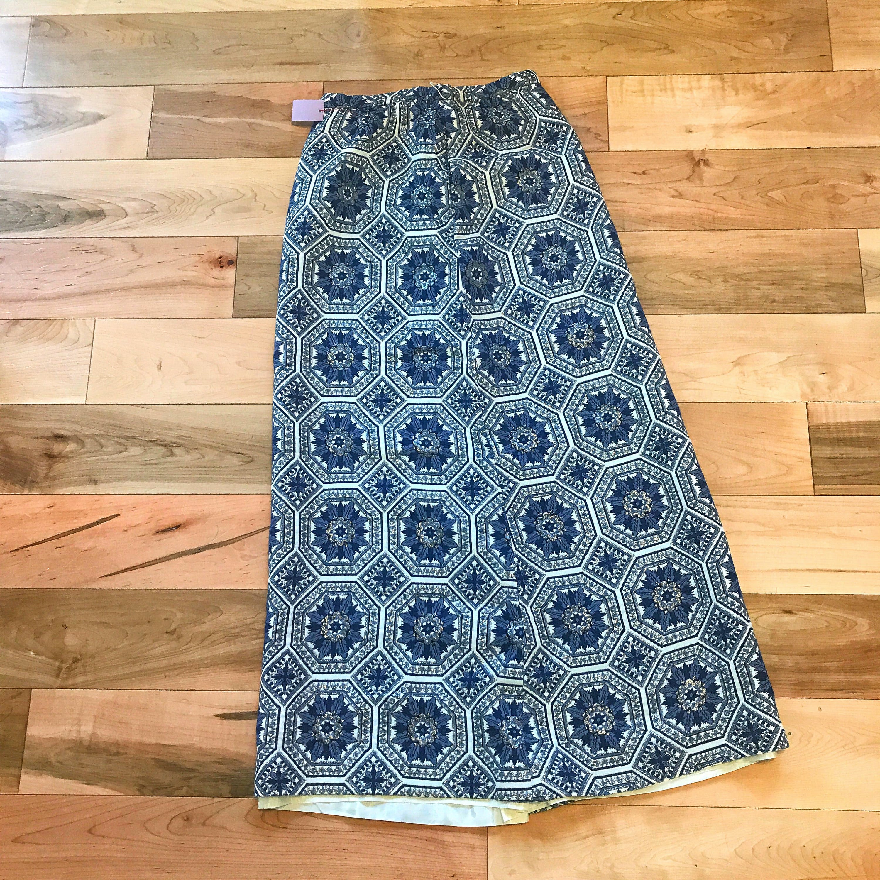 Vintage Blue and White Brocade Maxi Skirt by Nelly de Grab | Shop THRILLING