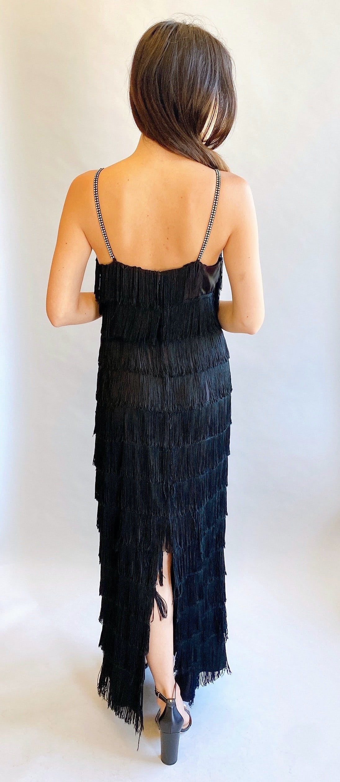 Vintage Rhinestone Straps Black Tiered Fringe Maxi Dress | Shop THRILLING