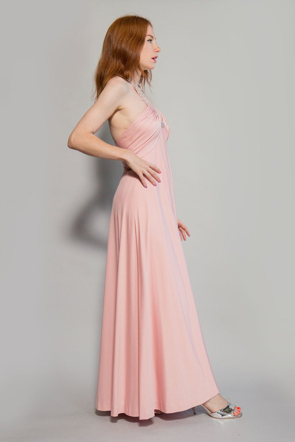 Vintage 70’s Pink Silk Rhinestone Halter Dress with Duster Set by ...