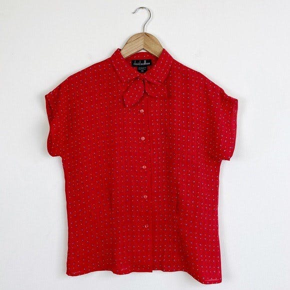 Vintage 70's Sheer Red Bow Neck Blouse by David Matthew | Shop THRILLING